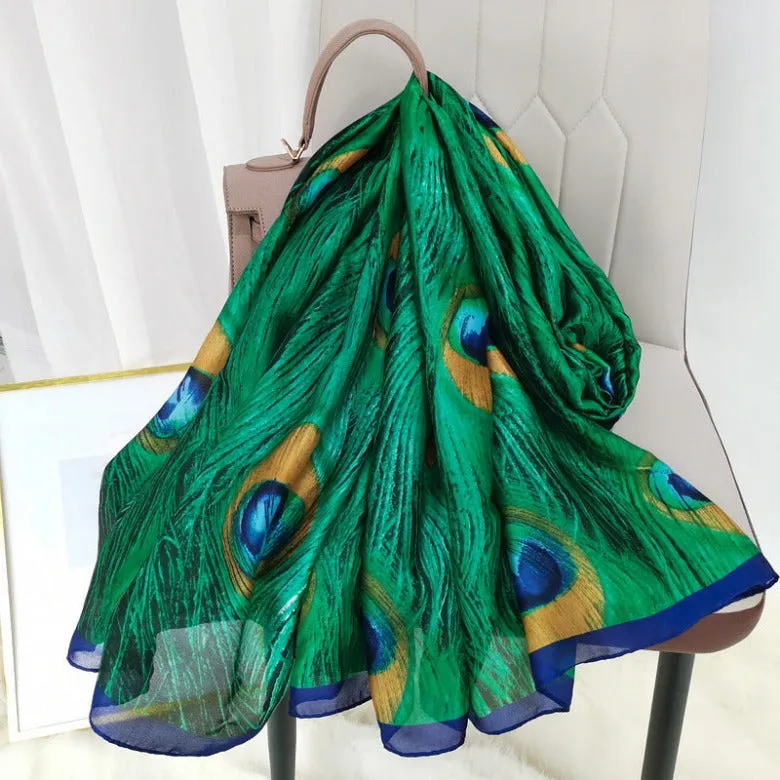 Ladies simulation silk scarf light breathable air-conditioned gauze sunscreen beach green peacock feather shawl