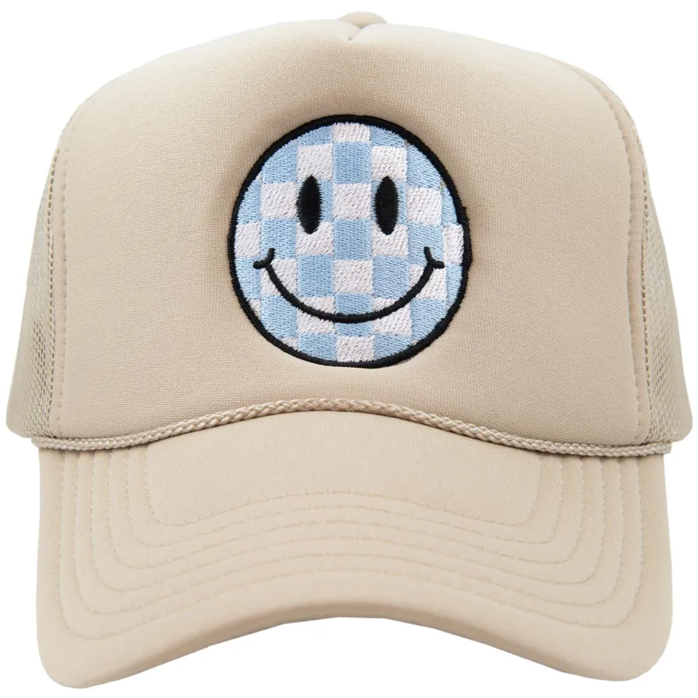 Light Blue Checkered Happy Face Wholesale Foam Hat