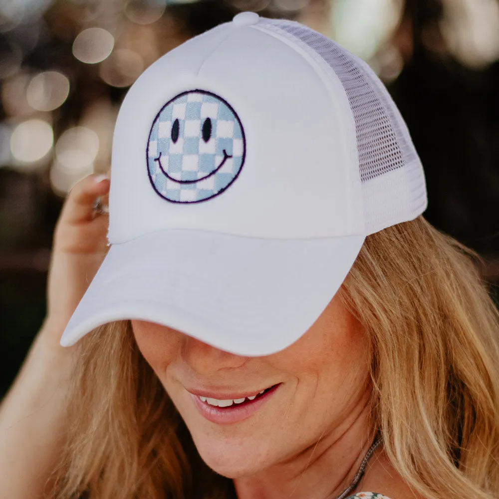 Light Blue Checkered Happy Face Wholesale Foam Hat