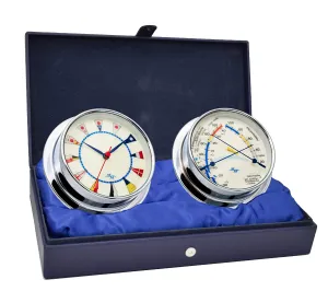 Master-Mariner American Voyager Collection, Nautical Cabin Gift Set, 5.75” Diameter Clock and Comfort Meter Instruments, Chrome Finish, Ivory Signal Flag dial