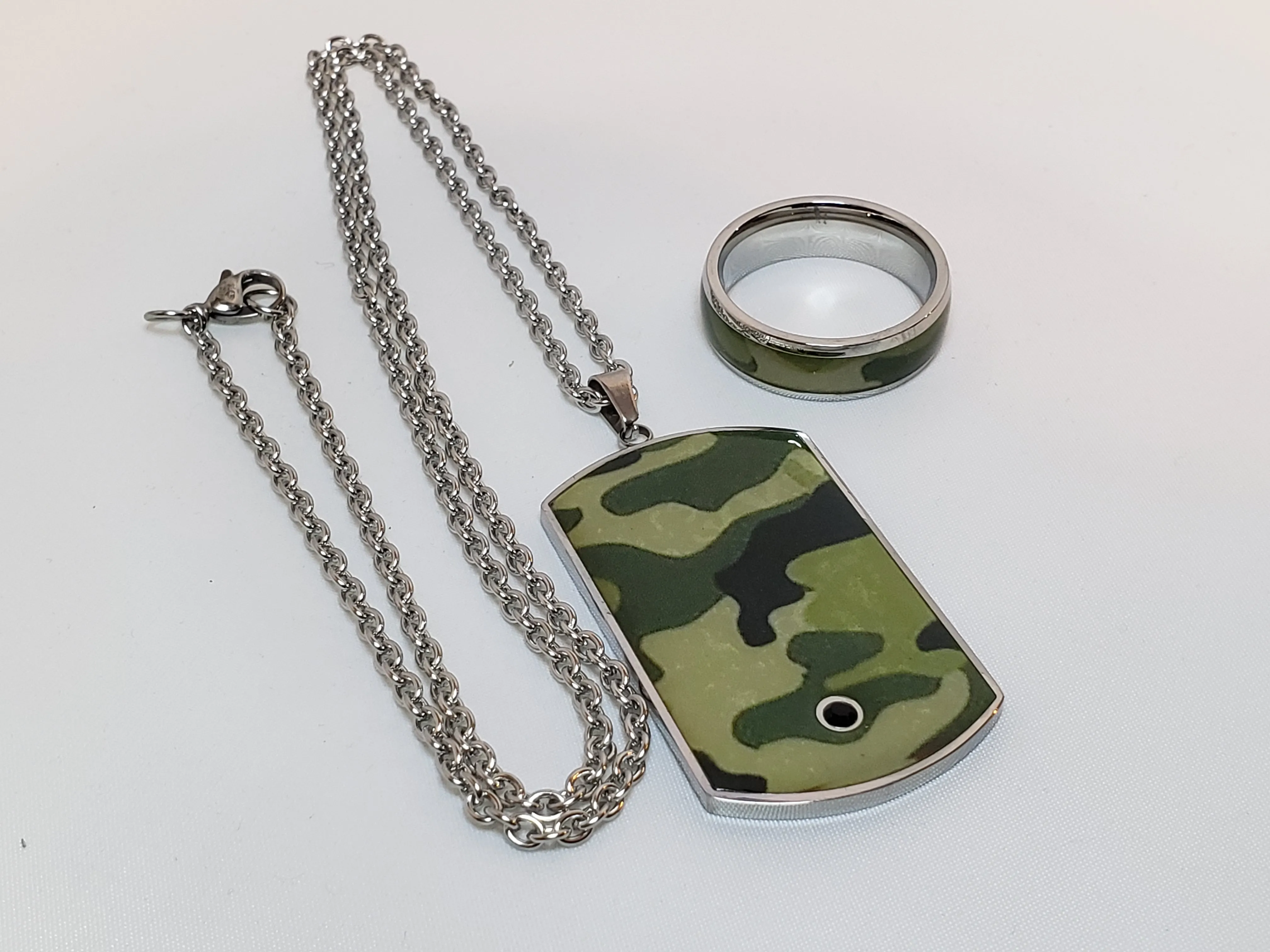 Men's Austrian Crystal & Stainless Steel "Camouflage" Ring & Dog Tag Pendant on 24" Chain Set