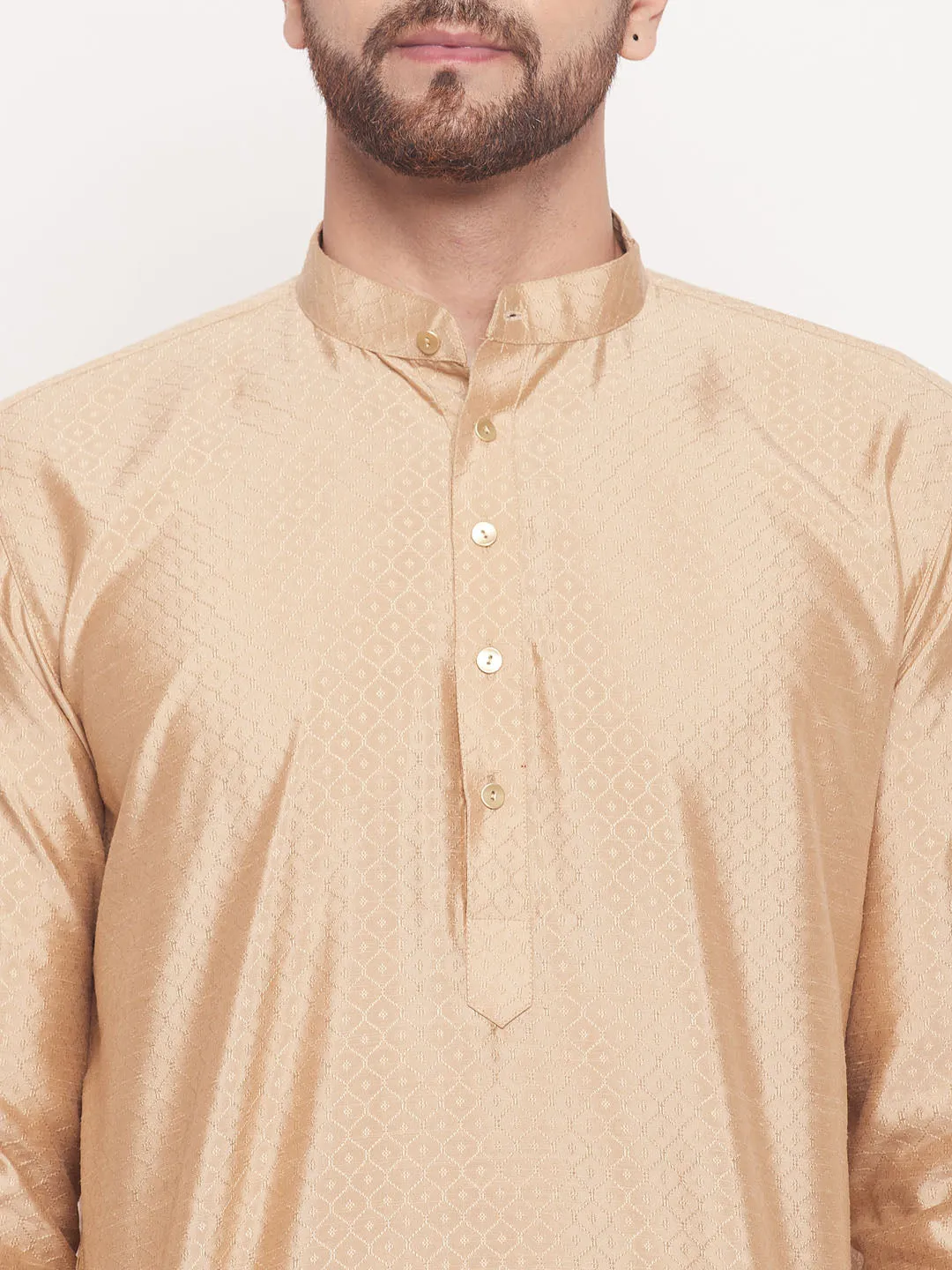 Men's Classic Ethnic Motif Jacquard Silk Blend Kurta With Golden Buttons And Cream Pyjama - Vastramay