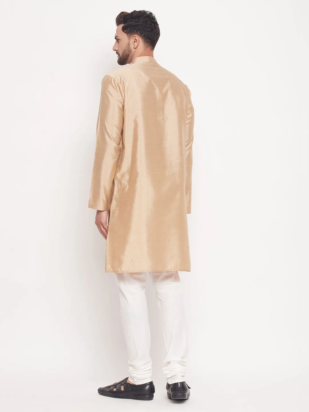 Men's Classic Ethnic Motif Jacquard Silk Blend Kurta With Golden Buttons And Cream Pyjama - Vastramay