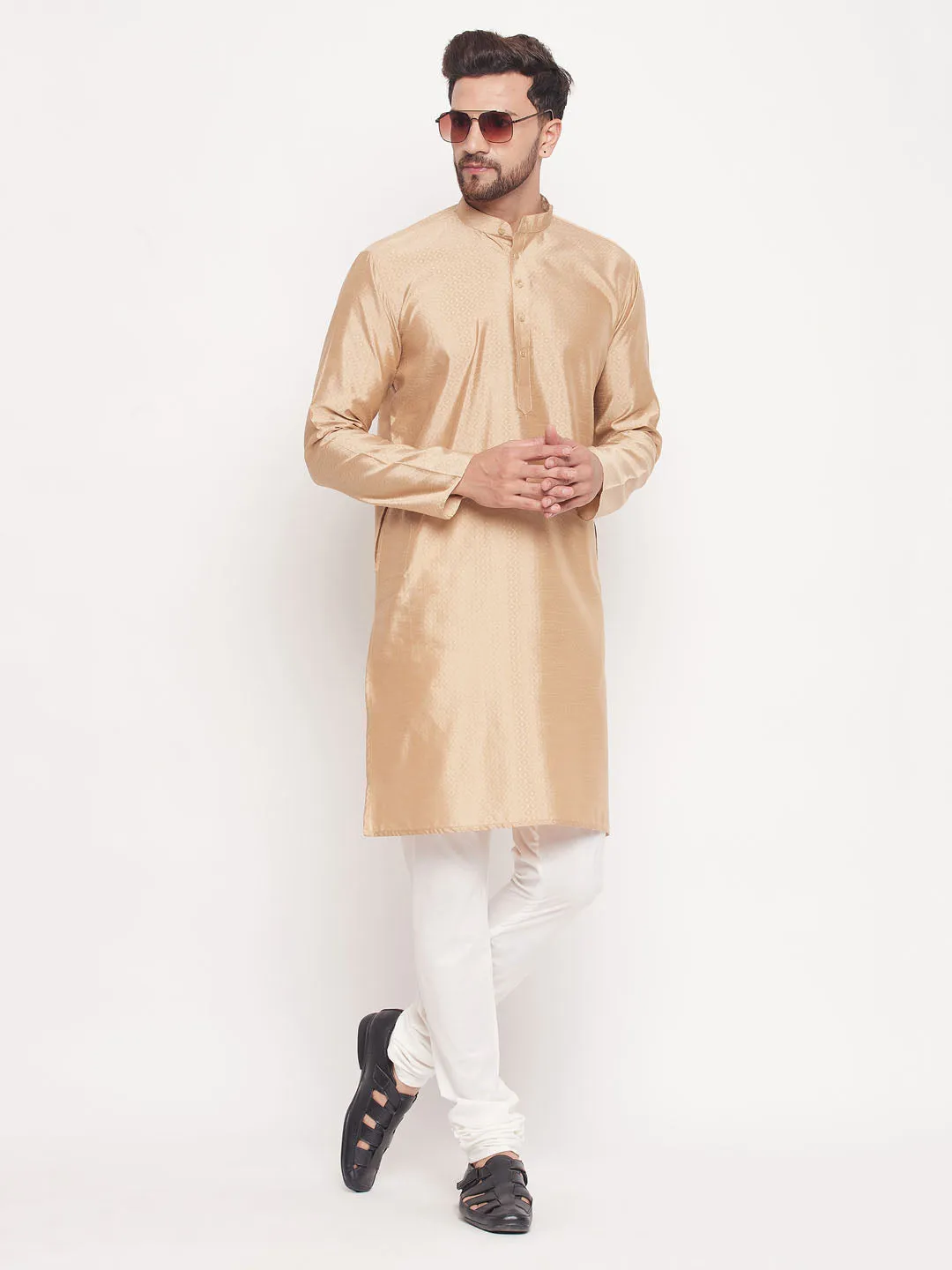 Men's Classic Ethnic Motif Jacquard Silk Blend Kurta With Golden Buttons And Cream Pyjama - Vastramay