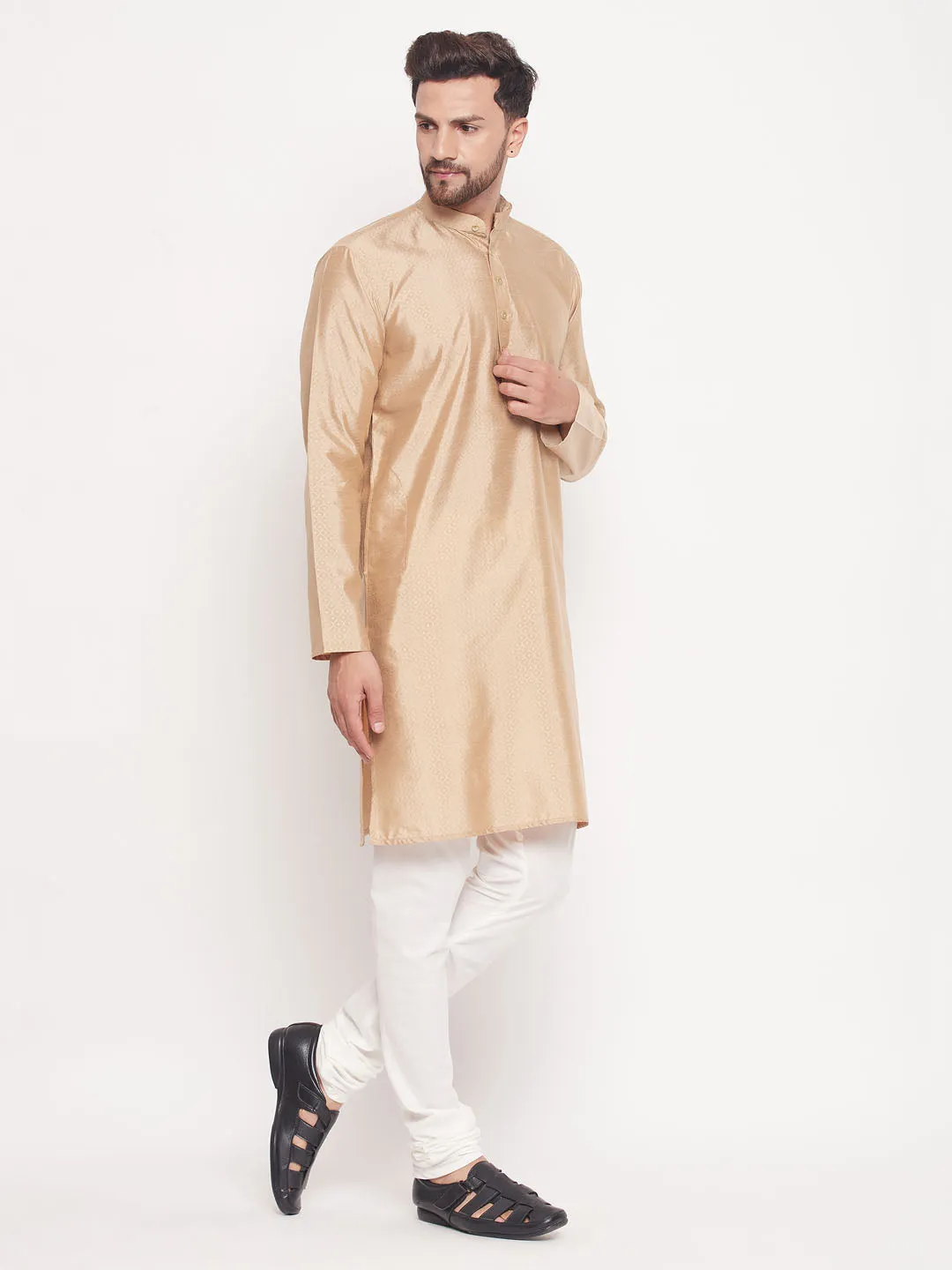 Men's Classic Ethnic Motif Jacquard Silk Blend Kurta With Golden Buttons And Cream Pyjama - Vastramay