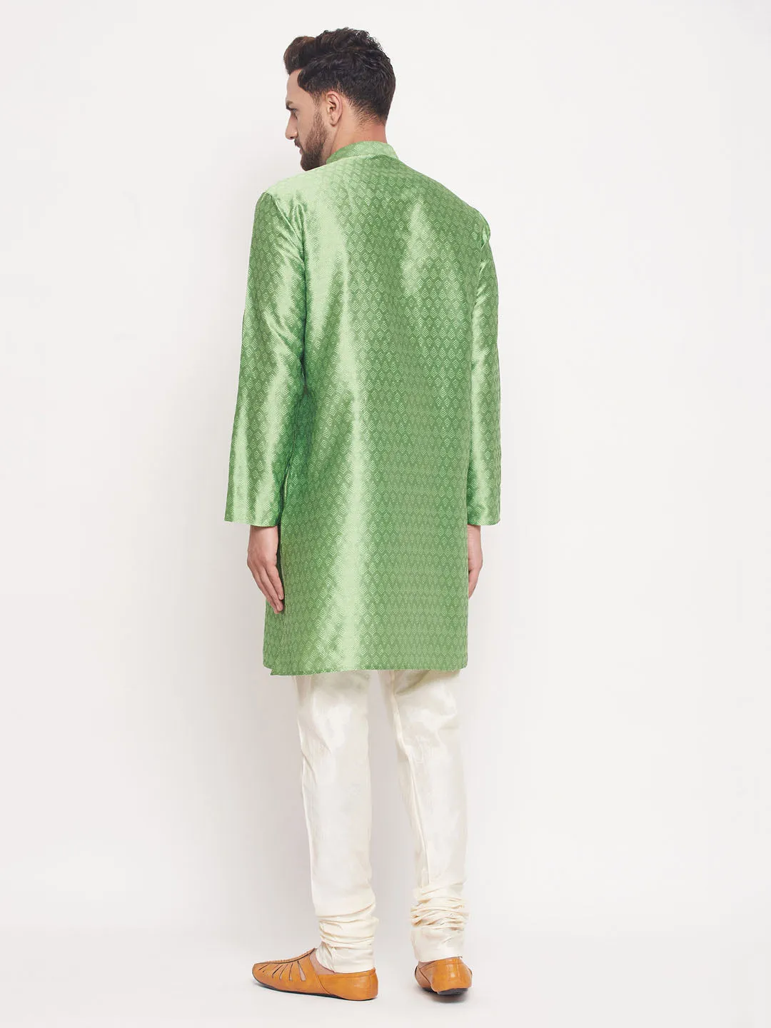 Men's Ethnic Motif Jacquard Silk Blend Kurta With Embellished Buttons And Cream Pyjama - Vastramay