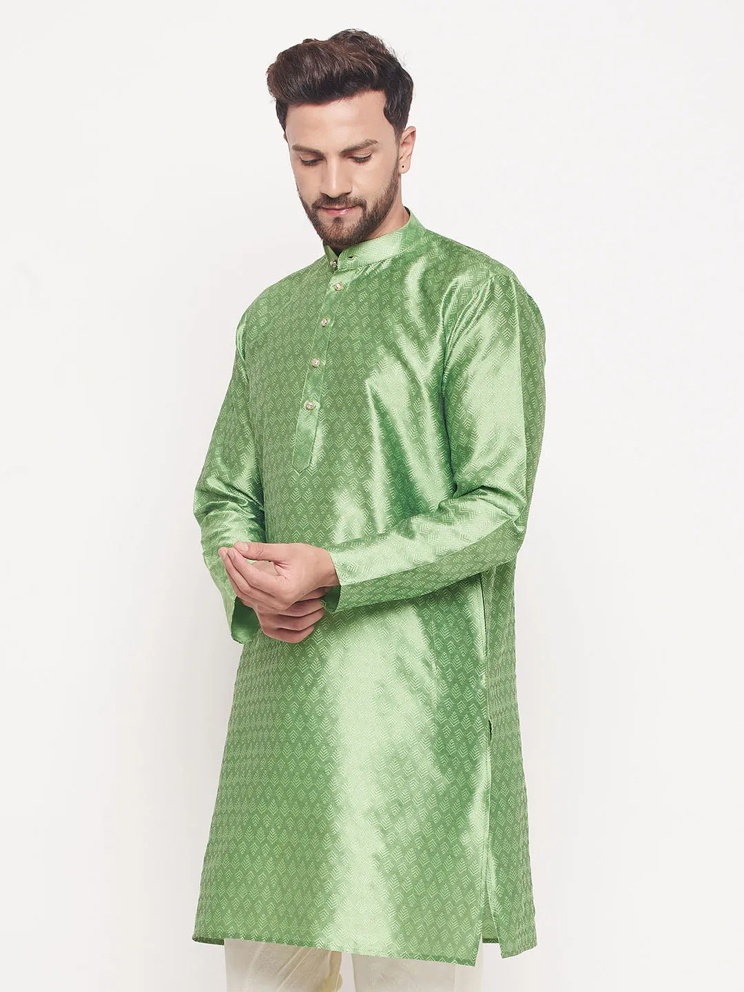 Men's Ethnic Motif Jacquard Silk Blend Kurta With Embellished Buttons - Vastramay