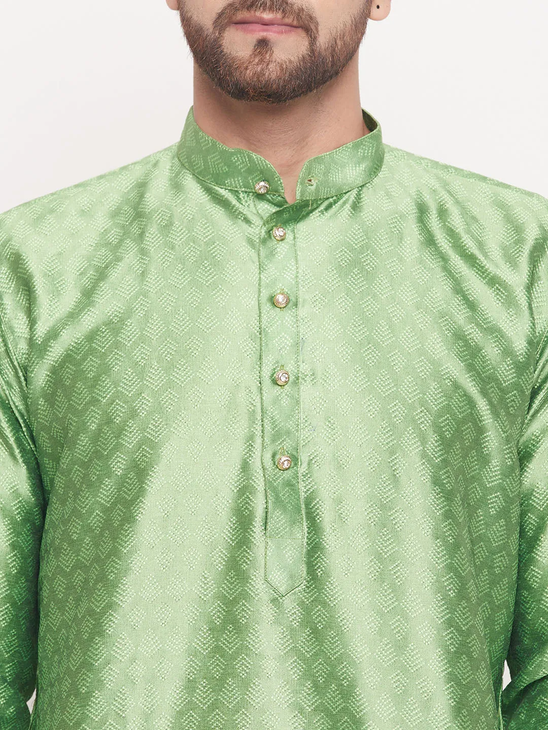 Men's Ethnic Motif Jacquard Silk Blend Kurta With Embellished Buttons - Vastramay