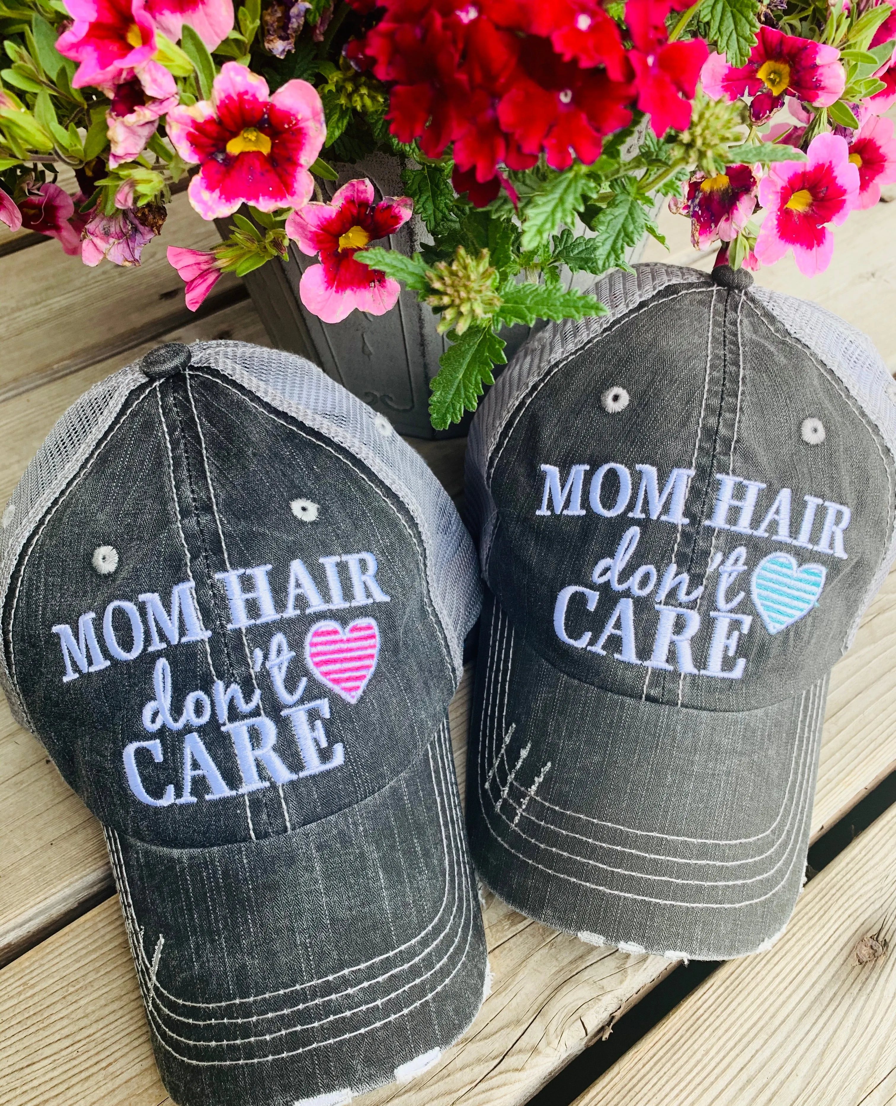 Mom hats Mom hair dont care Embroidered trucker womens baseball caps Teal pink heart