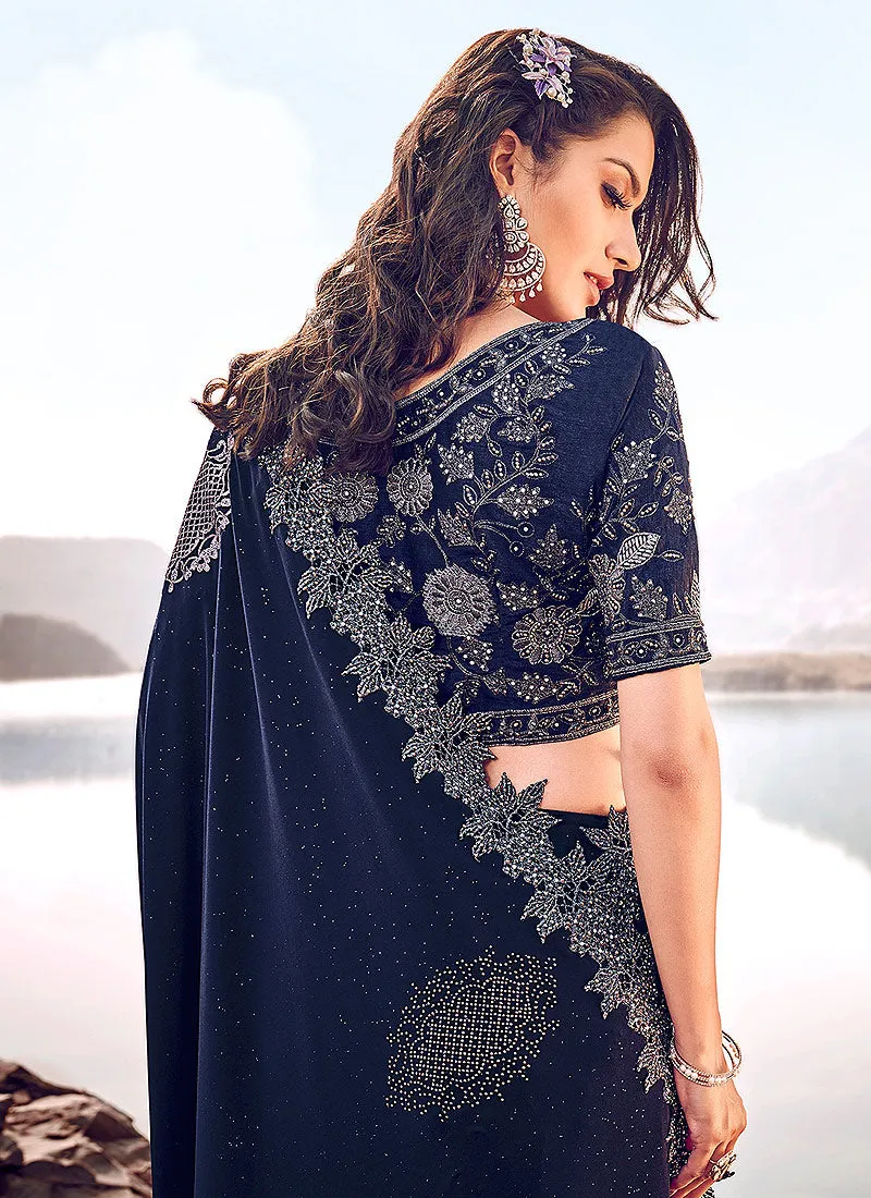 Navy Blue Bunch Embroidered Party Wear Saree