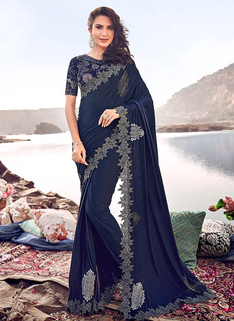 Navy Blue Bunch Embroidered Party Wear Saree