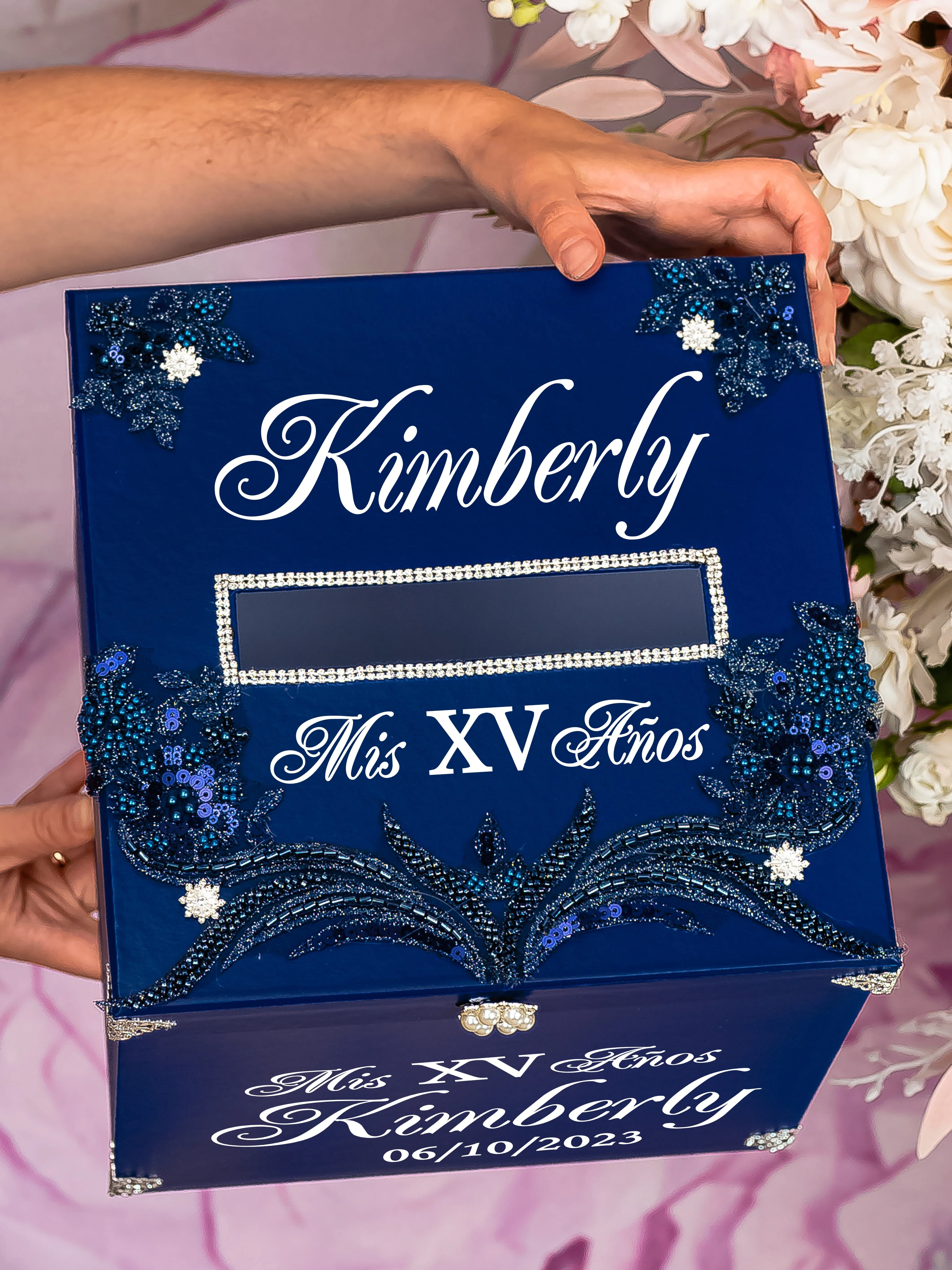 Navy Blue with silver Quinceanera pillows set and Kitty