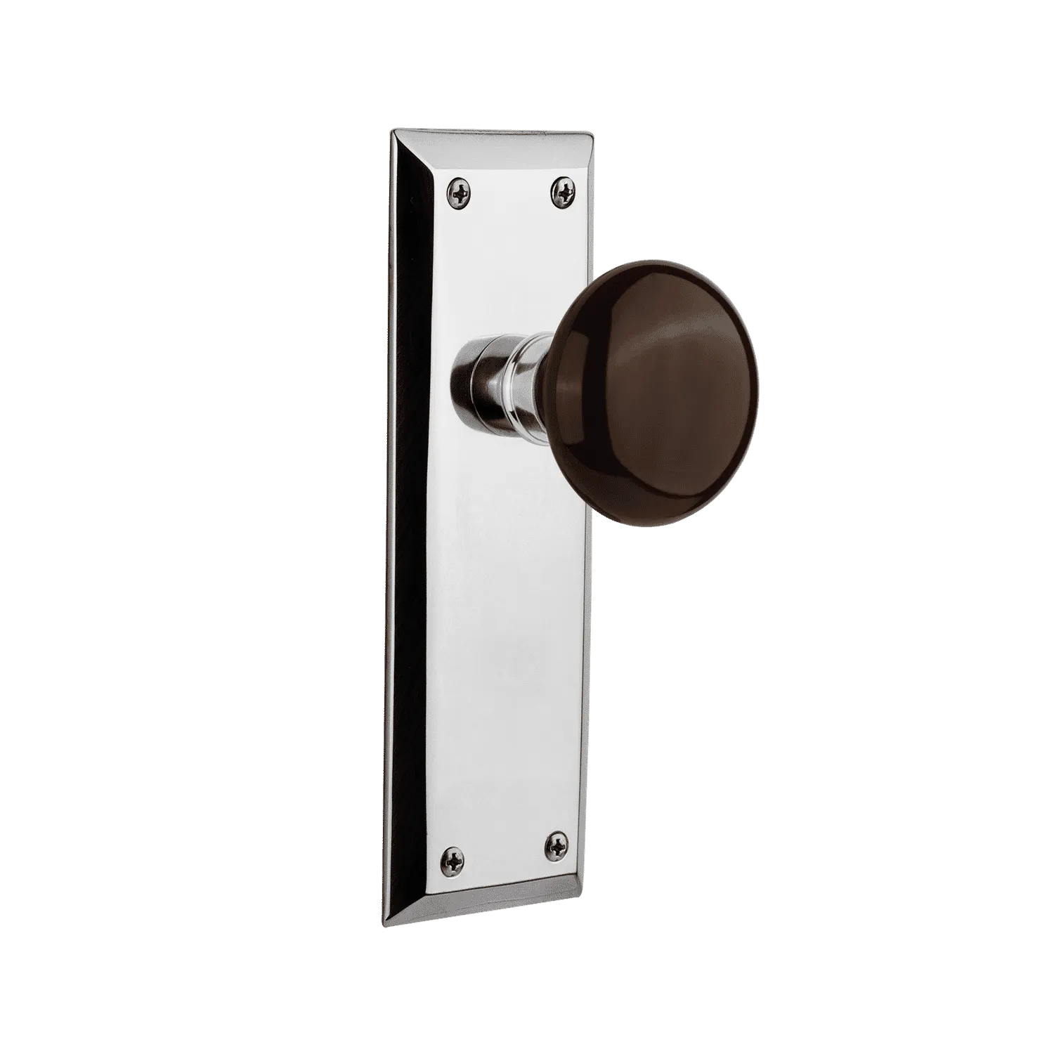 New York Long Plate with Brown Porcelain Knob in Bright Chrome