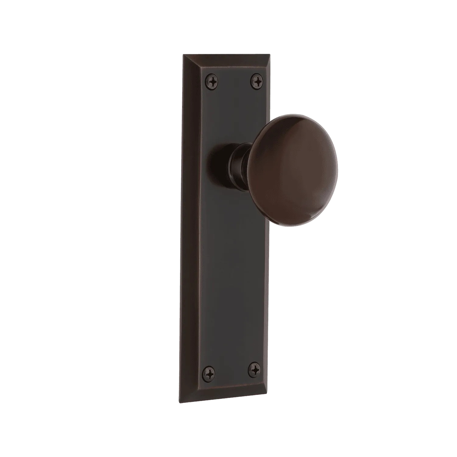 New York Long Plate with Brown Porcelain Knob in Timeless Bronze