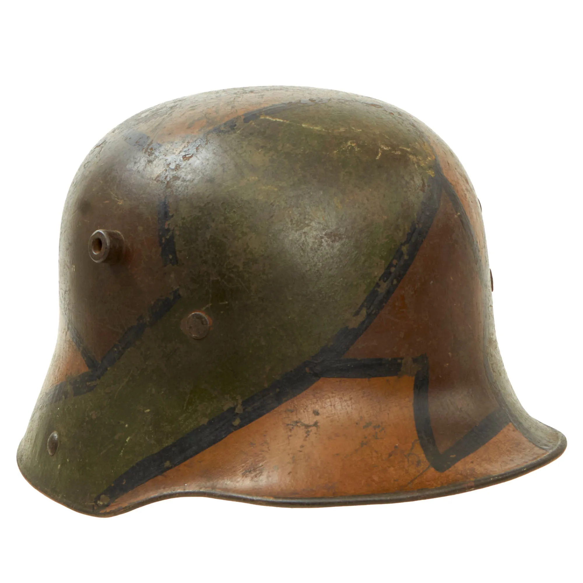 Original Imperial German WWI M16 Stahlhelm Helmet with Panel Camouflage Paint and Partial Leather Liner - Rare Maker W66