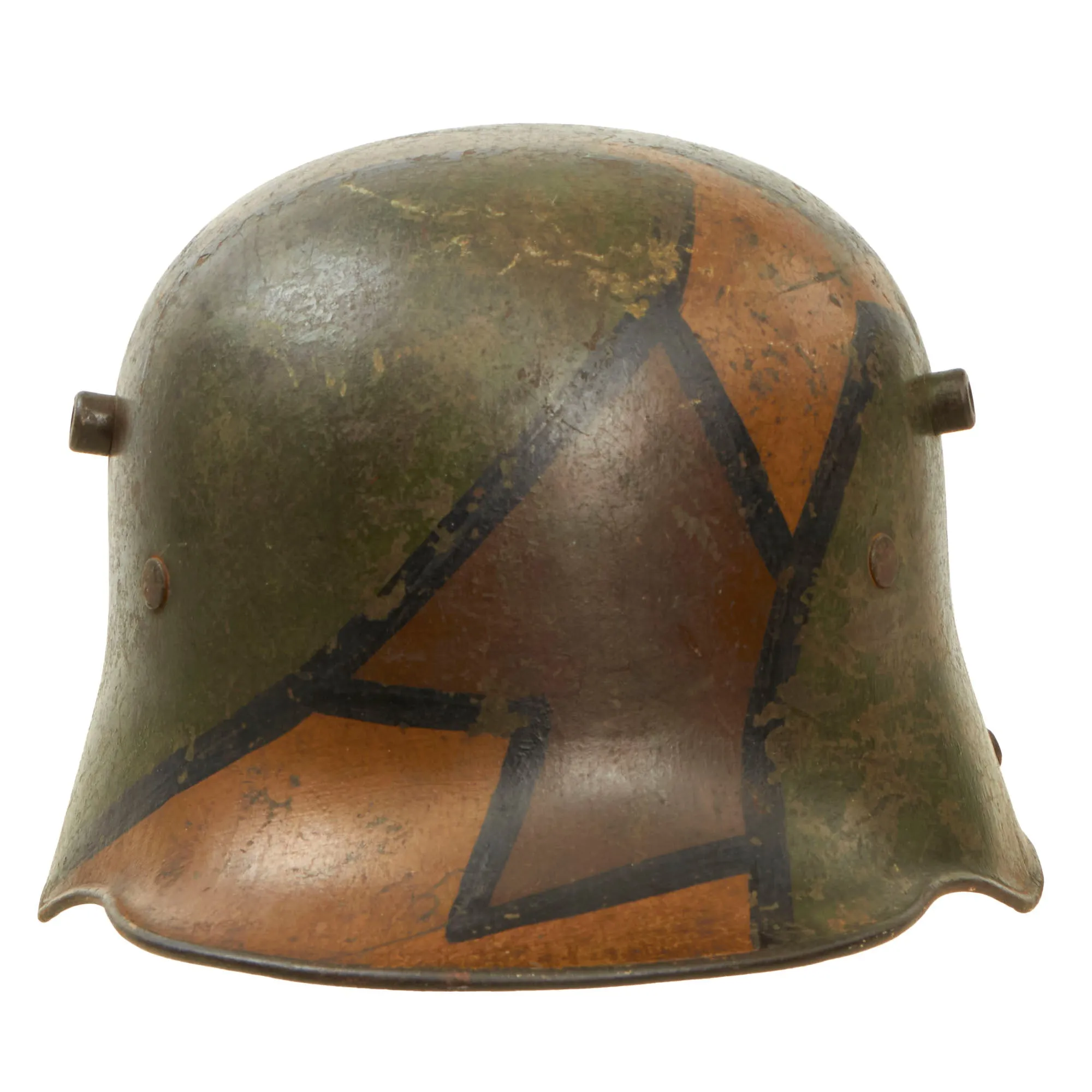 Original Imperial German WWI M16 Stahlhelm Helmet with Panel Camouflage Paint and Partial Leather Liner - Rare Maker W66