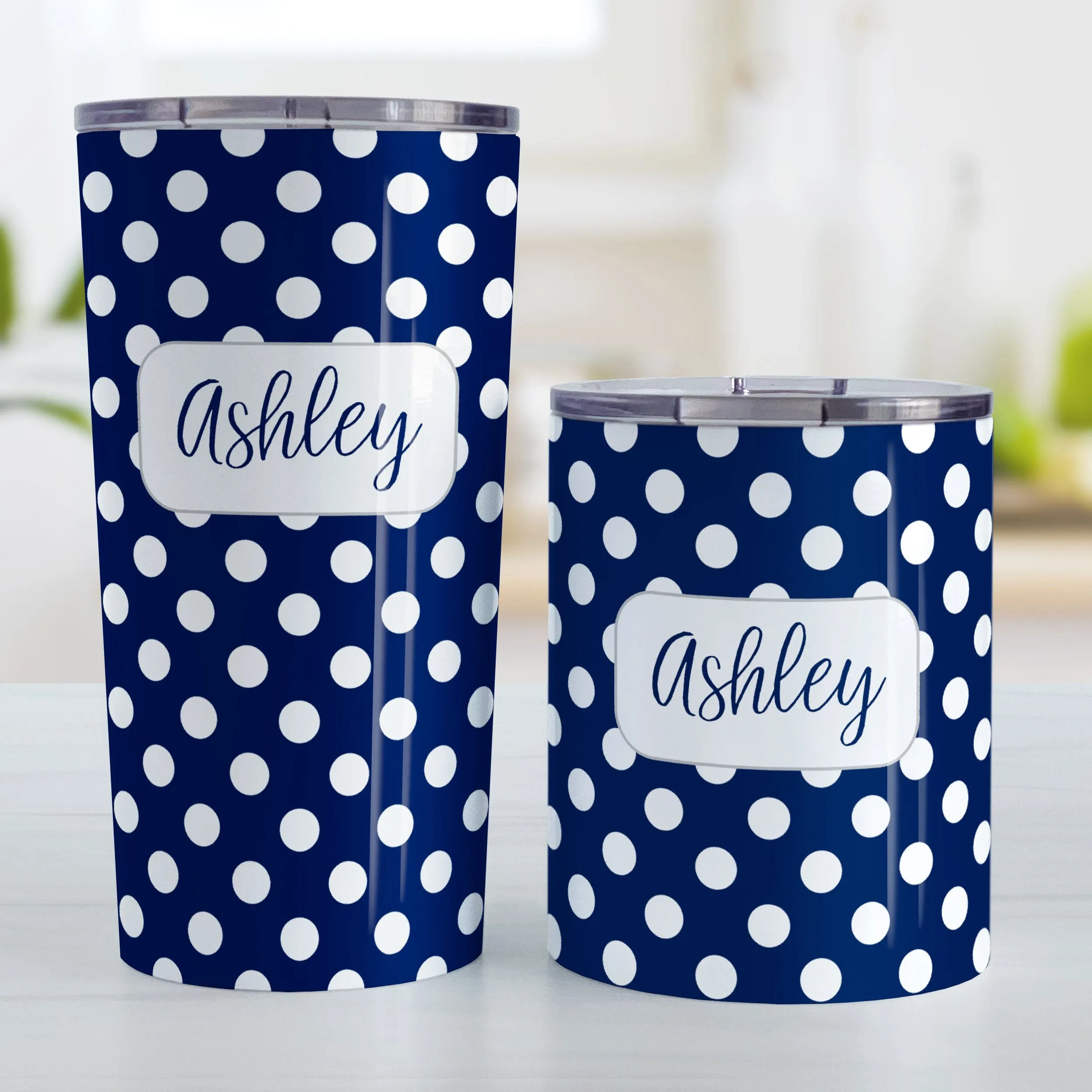 Personalized Dark Blue Polka Dot Tumbler Cup