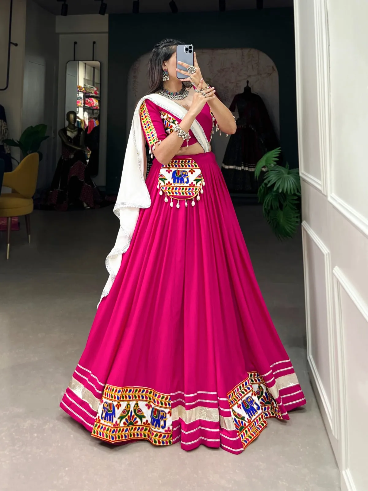 Pink Rayon Lehenga Choli with Gamthi Embroidery for Navratri