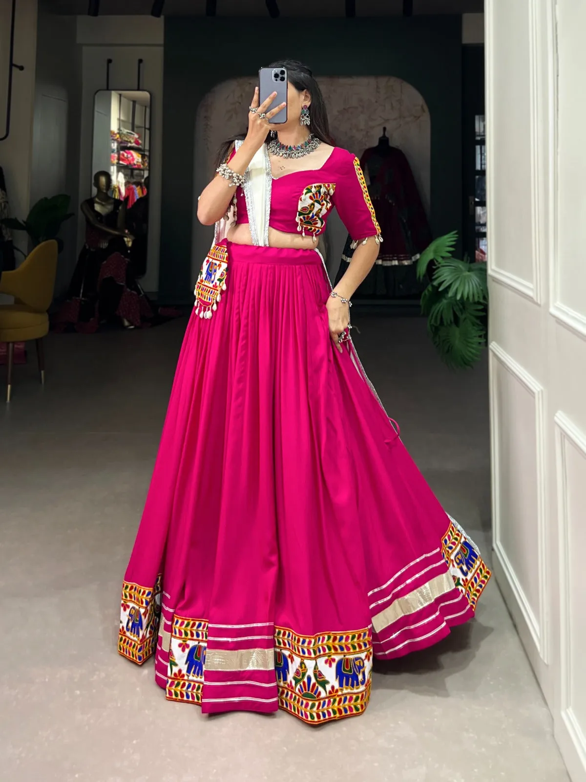 Pink Rayon Lehenga Choli with Gamthi Embroidery for Navratri