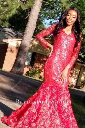 Red Sheer Sleeves 3D Flowers Trumpet Prom Dress