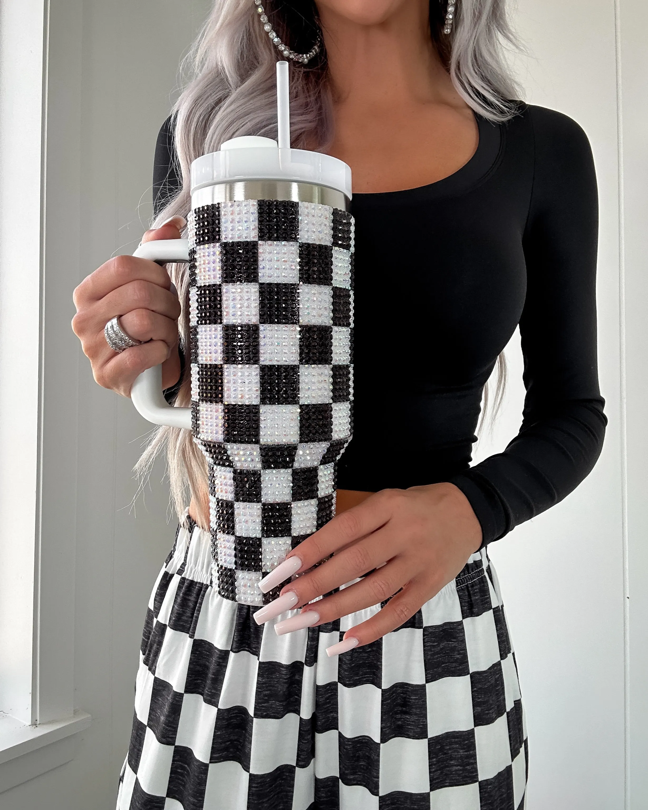 Rhinestone Checkered Tumbler - Black