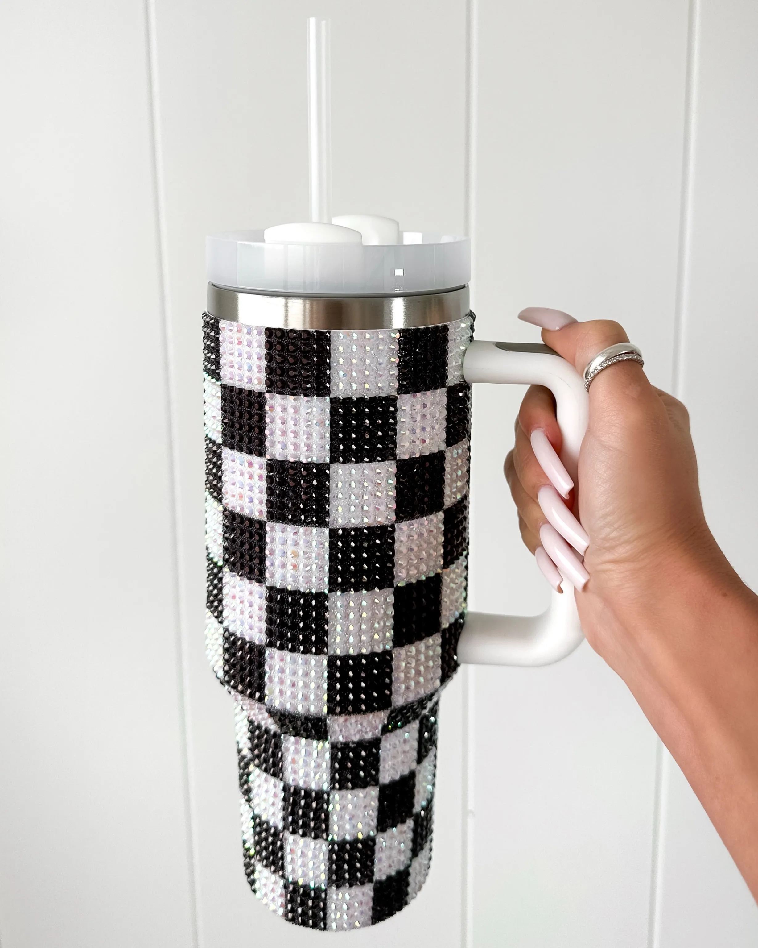 Rhinestone Checkered Tumbler - Black