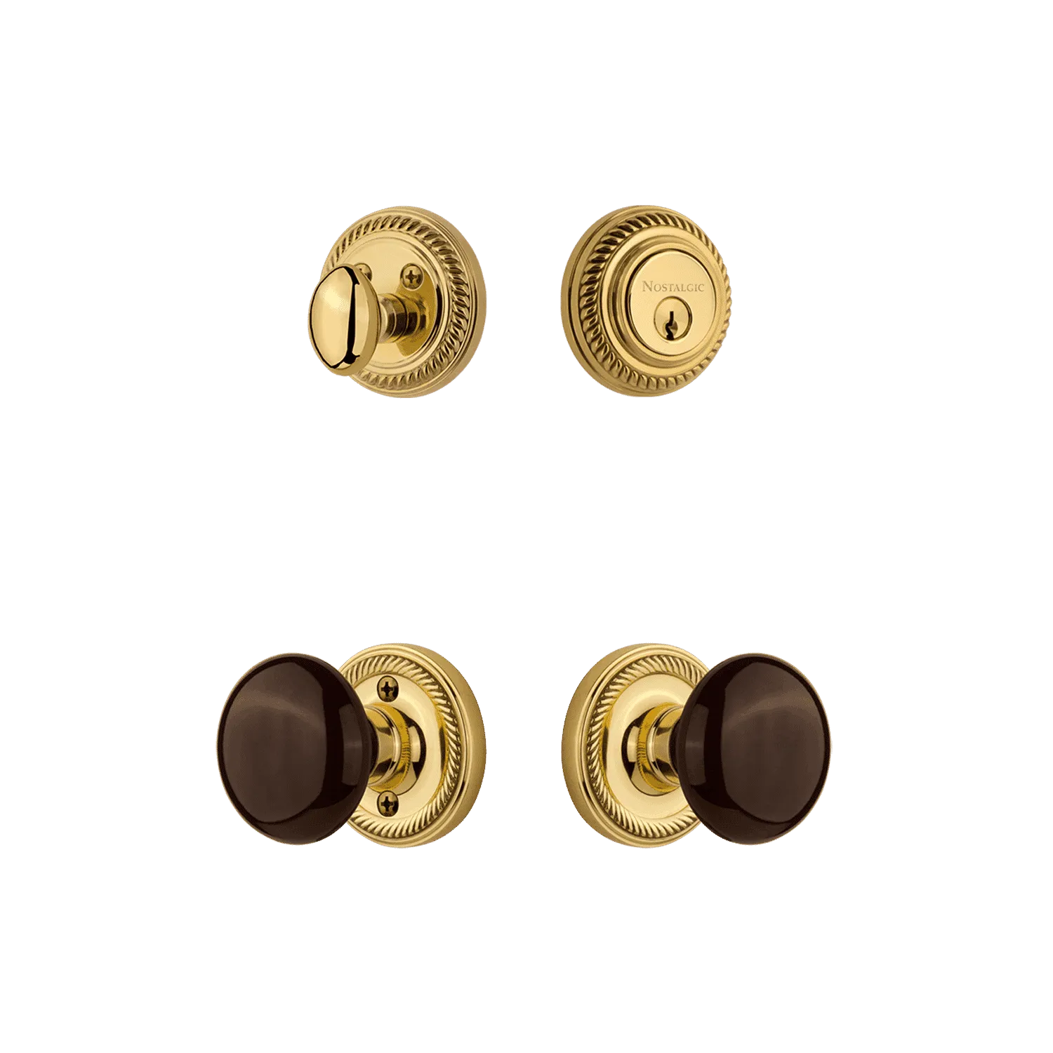 Rope Rosette Entry Set with Brown Porcelain Knob in Unlacquered Brass