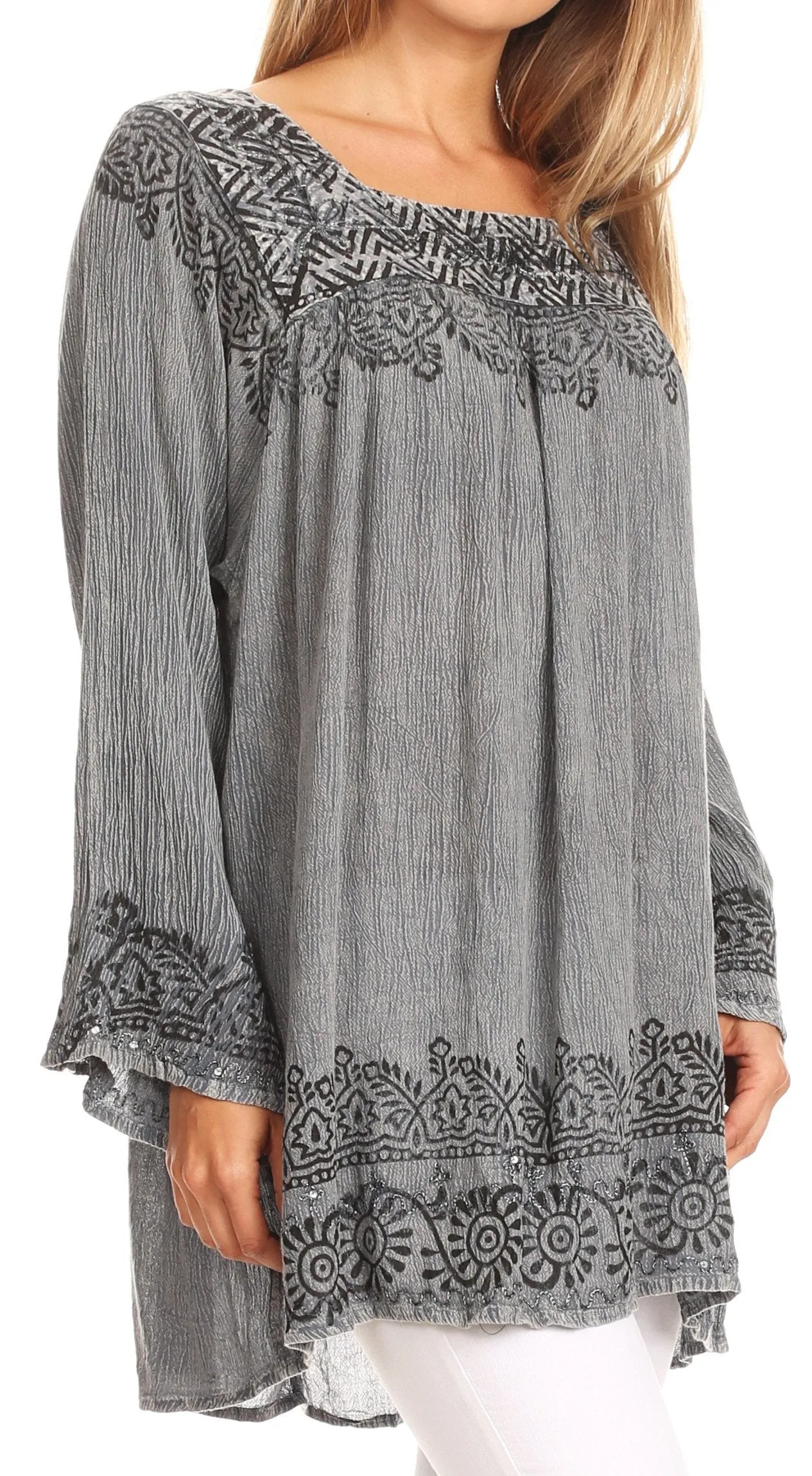 Sakkas Elena Tribal Nature Square Neck Bell Sleeve Stonewashed Top