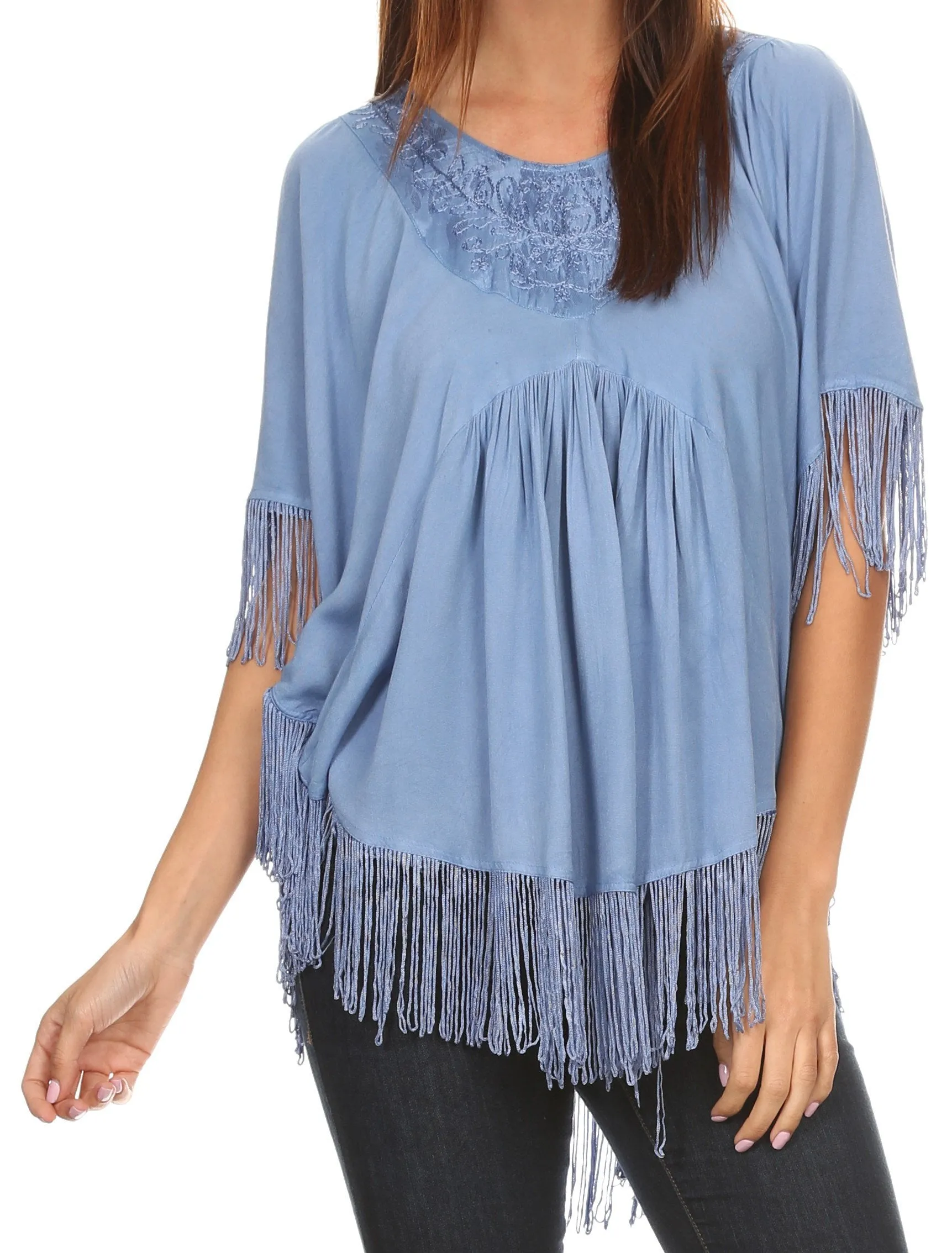 Sakkas Lilly Boho Embroidered Fringe Poncho Top