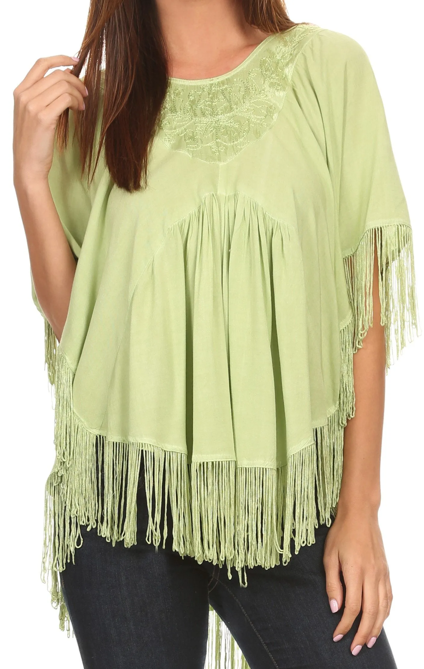 Sakkas Lilly Boho Embroidered Fringe Poncho Top