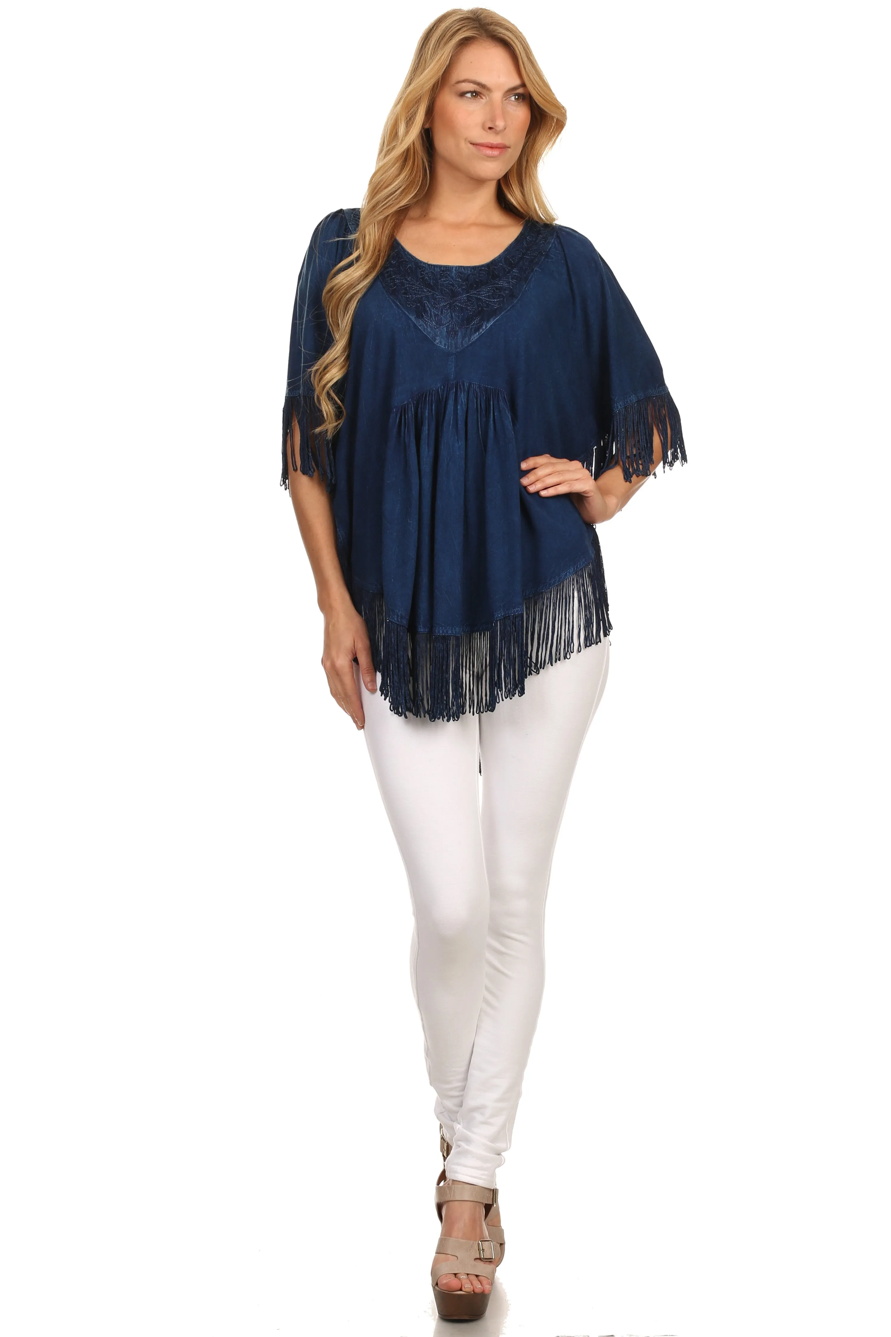 Sakkas Lilly Boho Embroidered Fringe Poncho Top