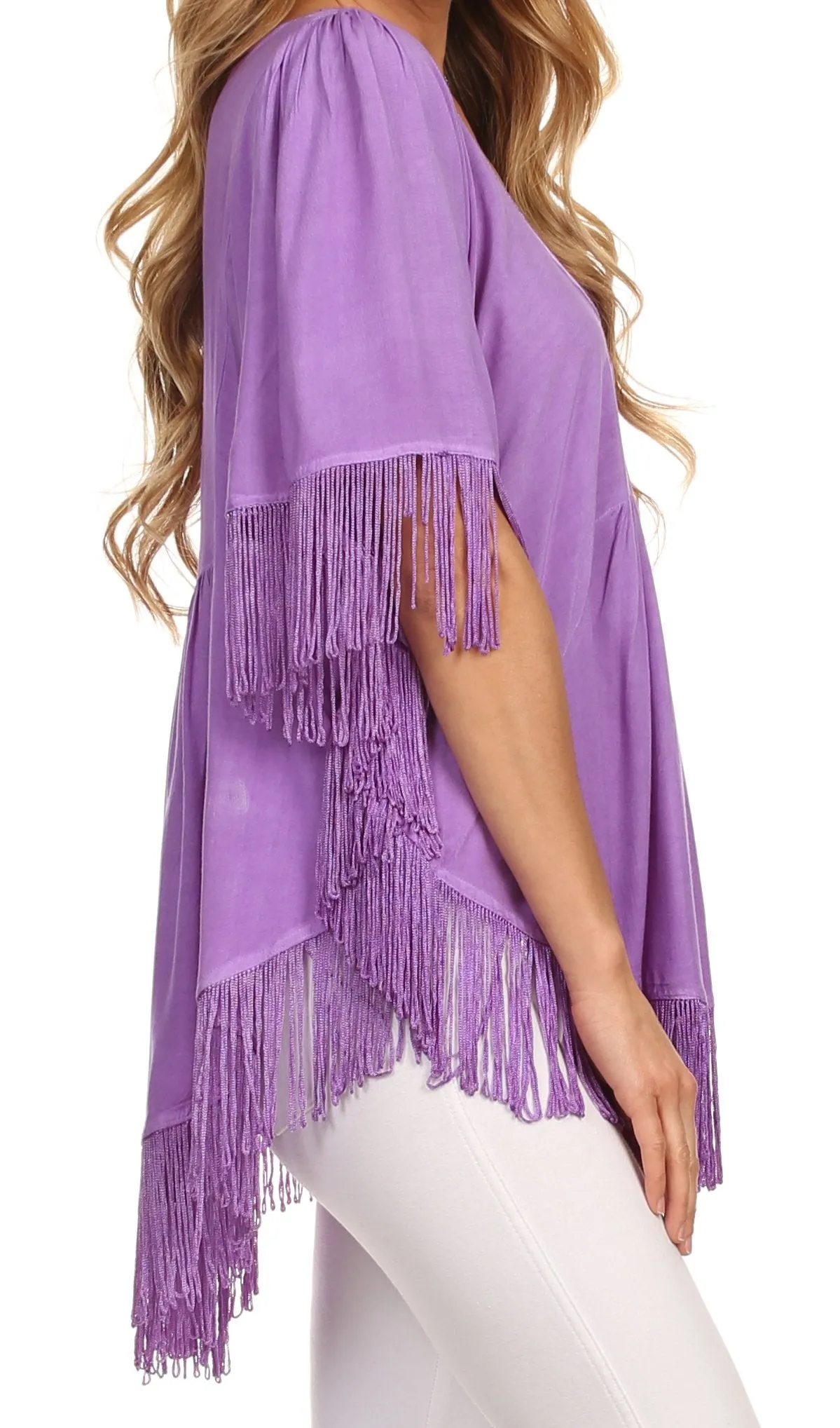 Sakkas Lilly Boho Embroidered Fringe Poncho Top