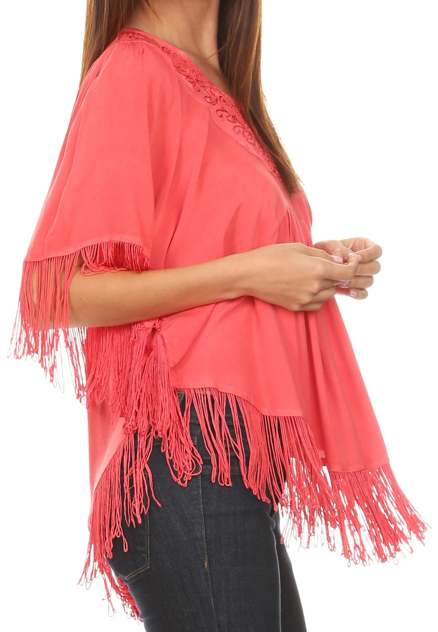 Sakkas Lilly Boho Embroidered Fringe Poncho Top