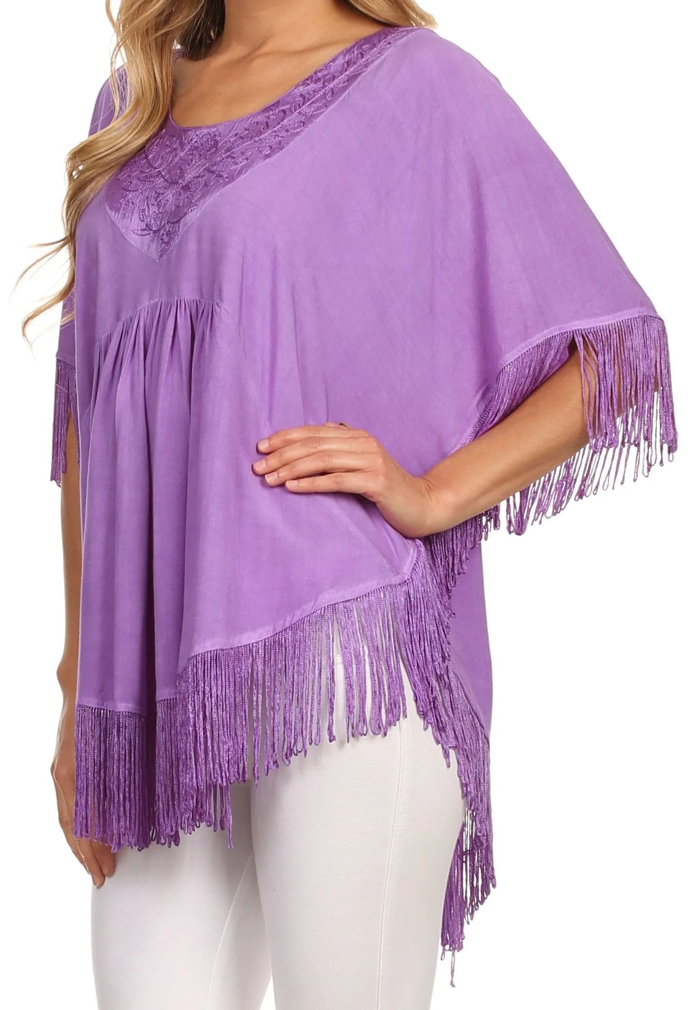 Sakkas Lilly Boho Embroidered Fringe Poncho Top