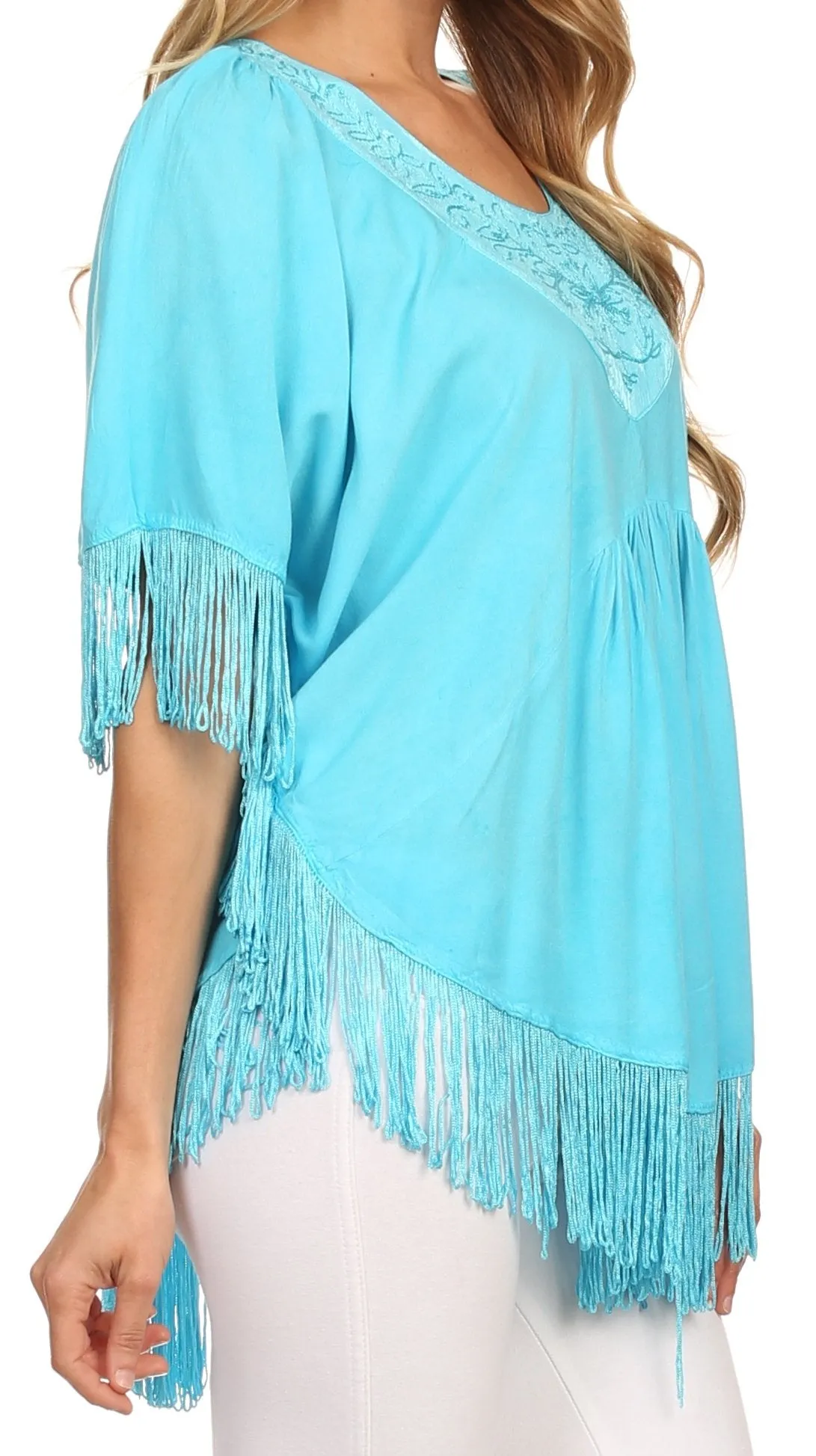 Sakkas Lilly Boho Embroidered Fringe Poncho Top