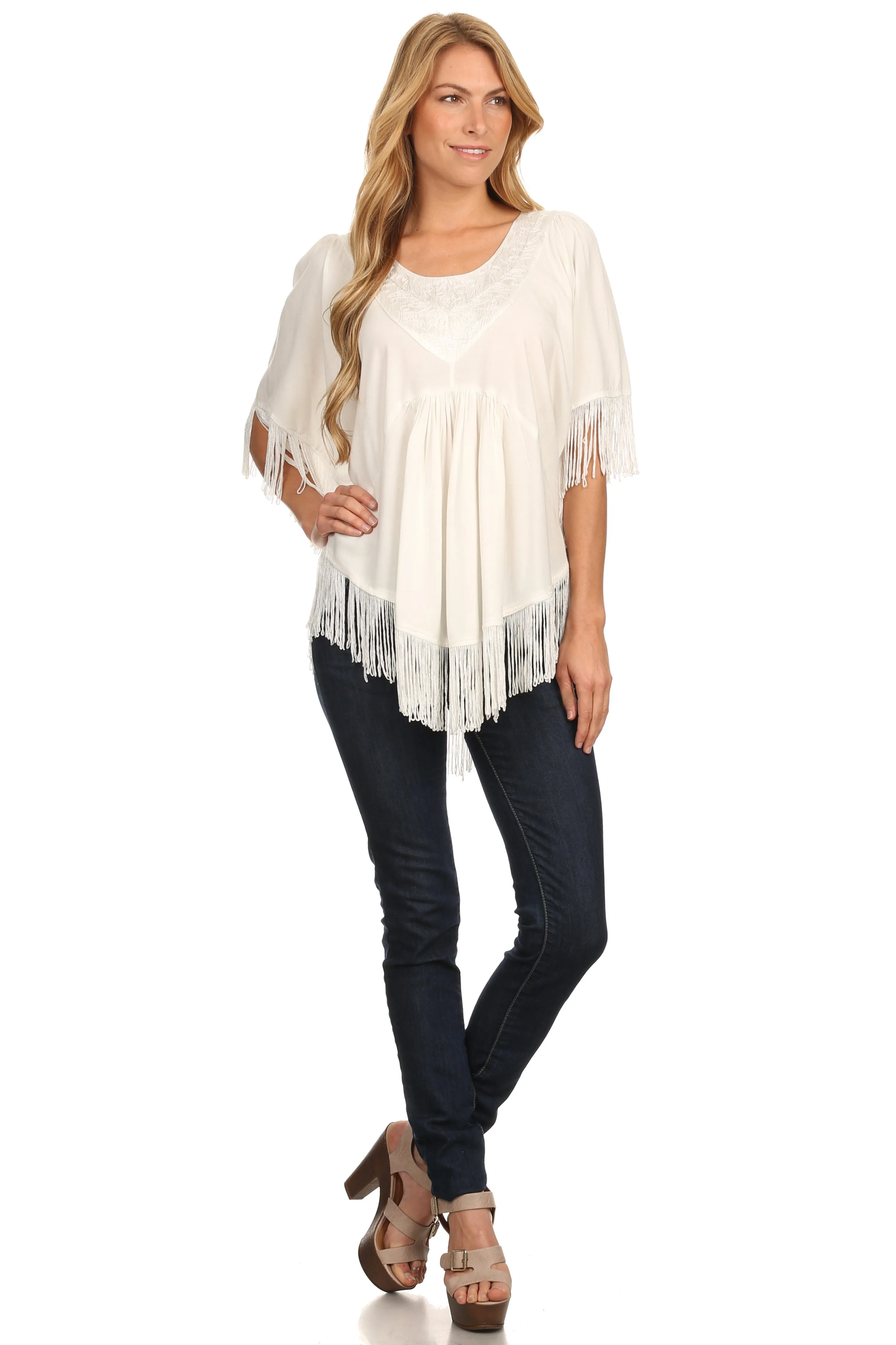 Sakkas Lilly Boho Embroidered Fringe Poncho Top