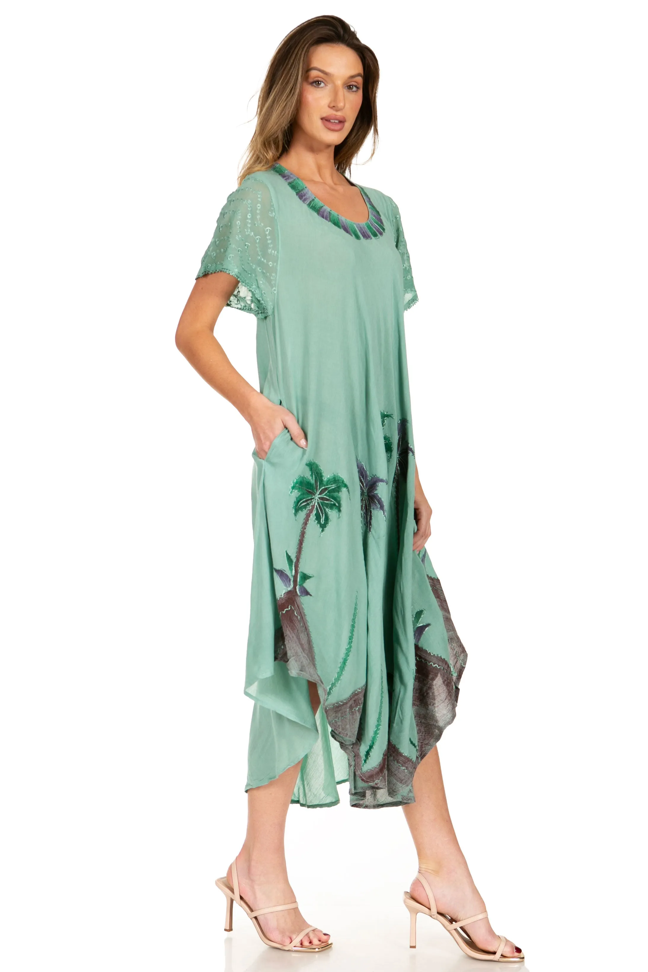 Sakkas Watercolor Palm Tree Tank Caftan Dress