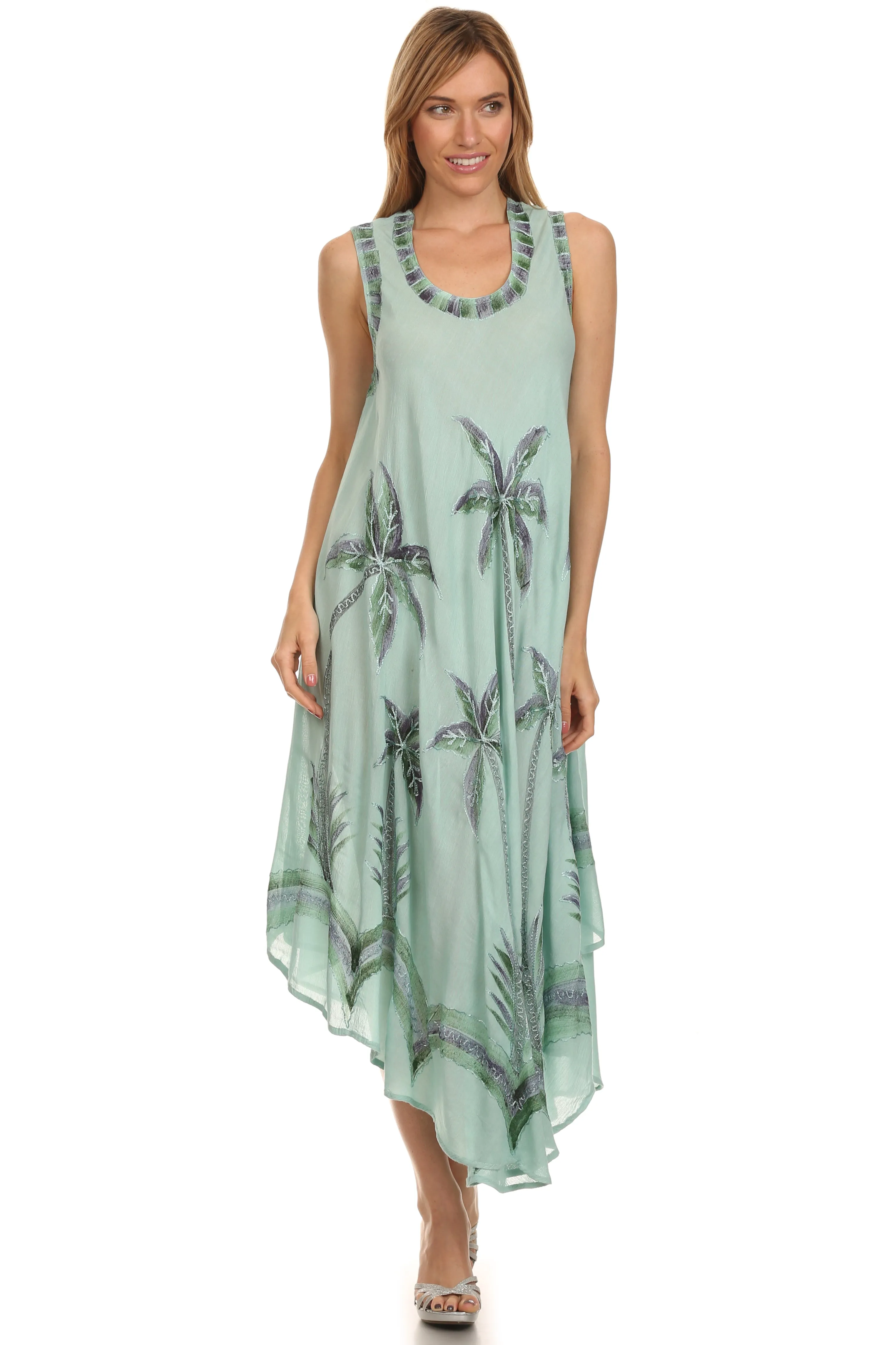 Sakkas Watercolor Palm Tree Tank Caftan Short Dress