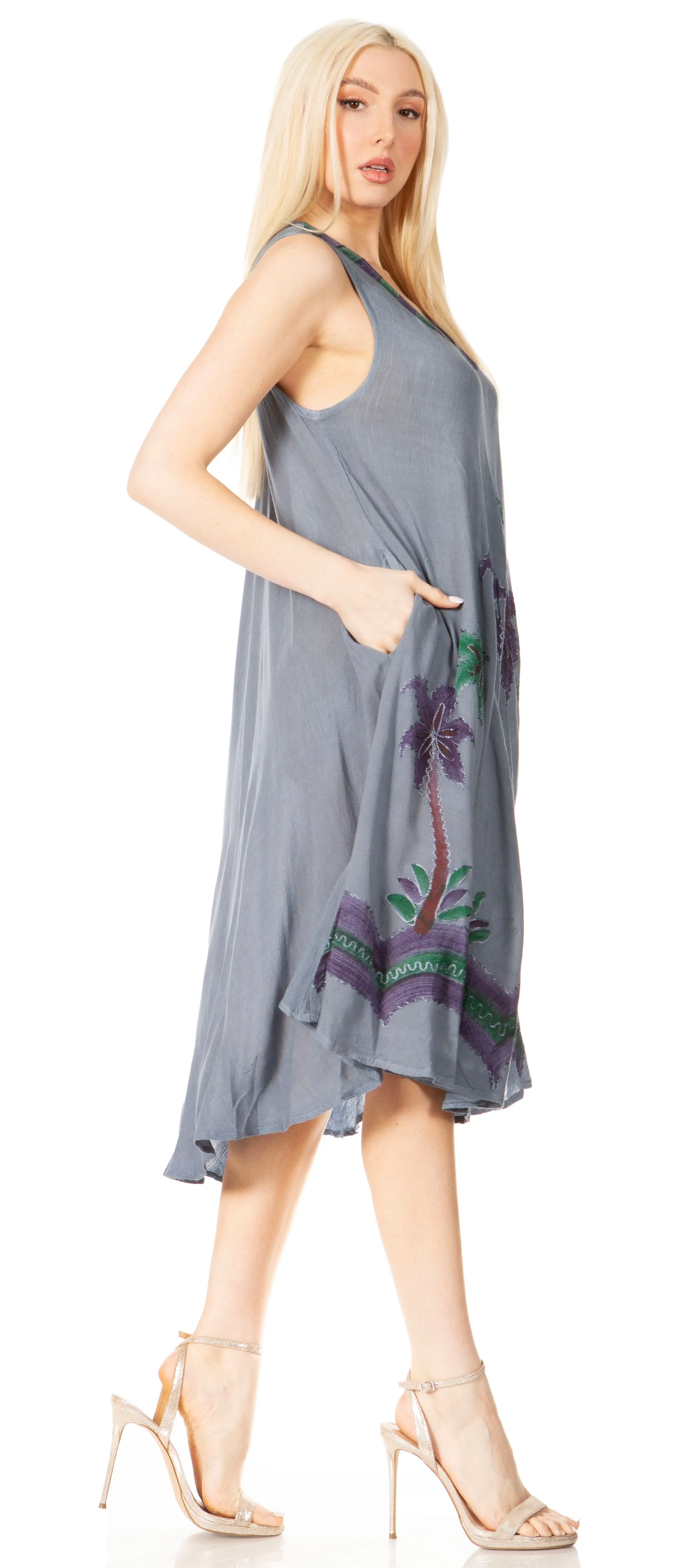 Sakkas Watercolor Palm Tree Tank Caftan Short Dress