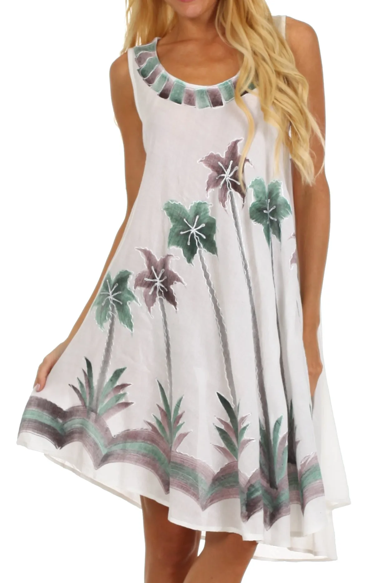 Sakkas Watercolor Palm Tree Tank Caftan Short Dress