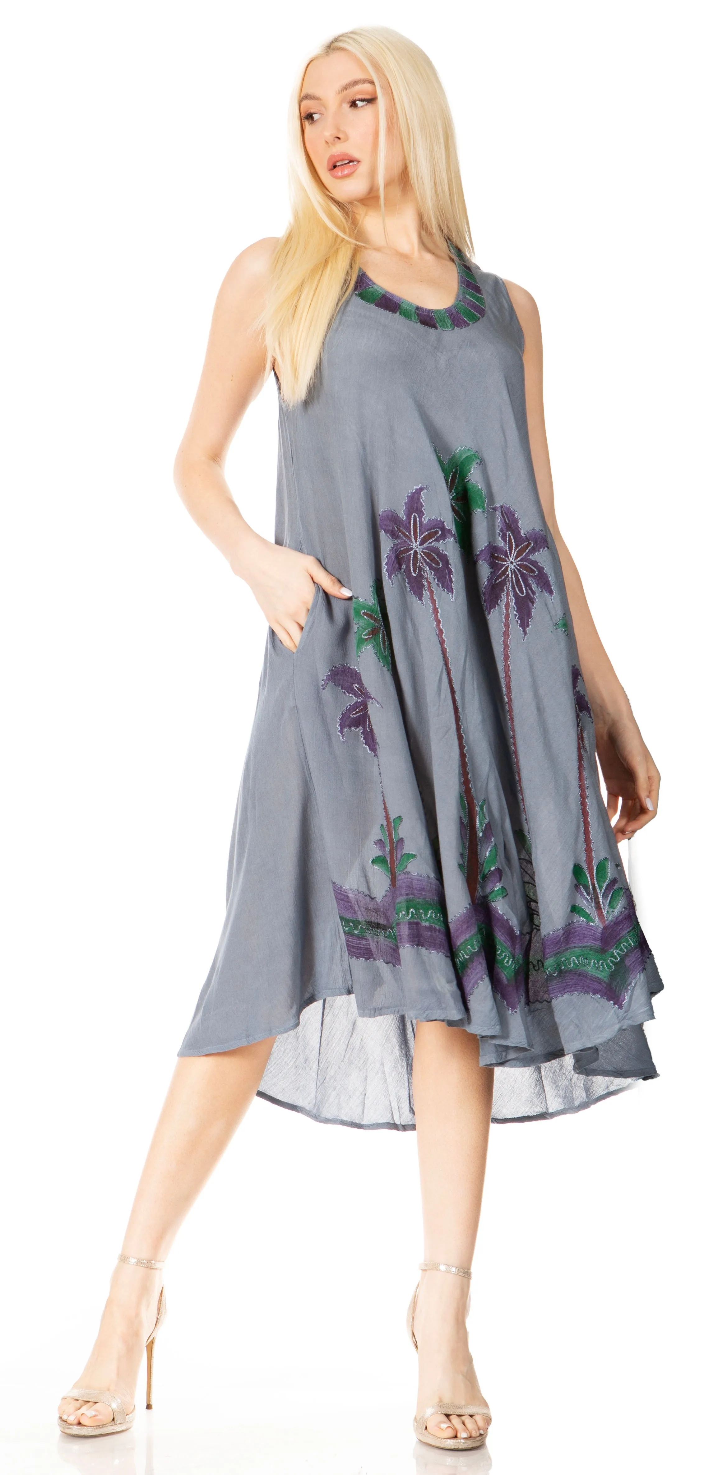 Sakkas Watercolor Palm Tree Tank Caftan Short Dress