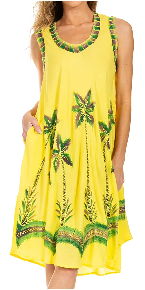 Sakkas Watercolor Palm Tree Tank Caftan Short Dress