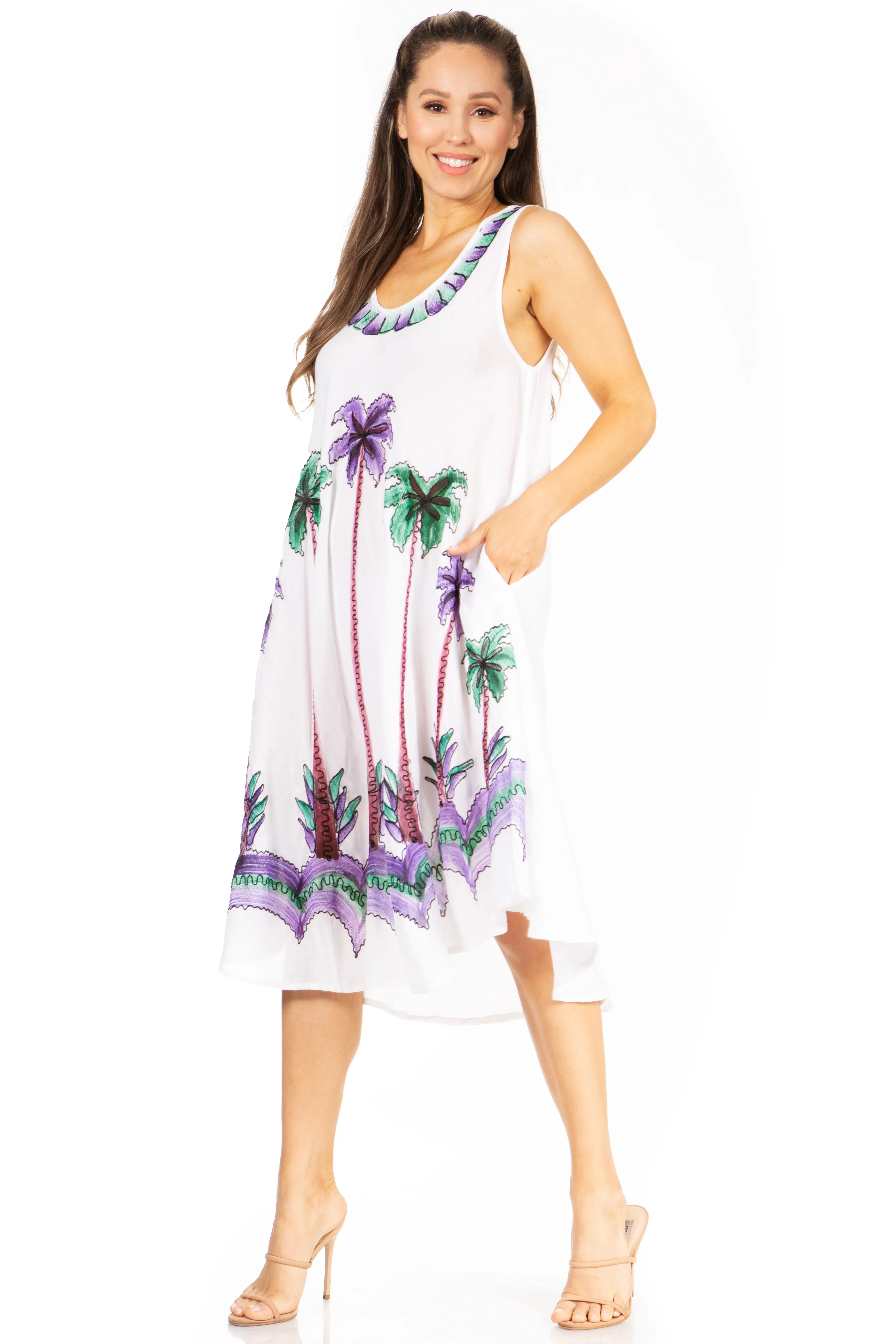 Sakkas Watercolor Palm Tree Tank Caftan Short Dress