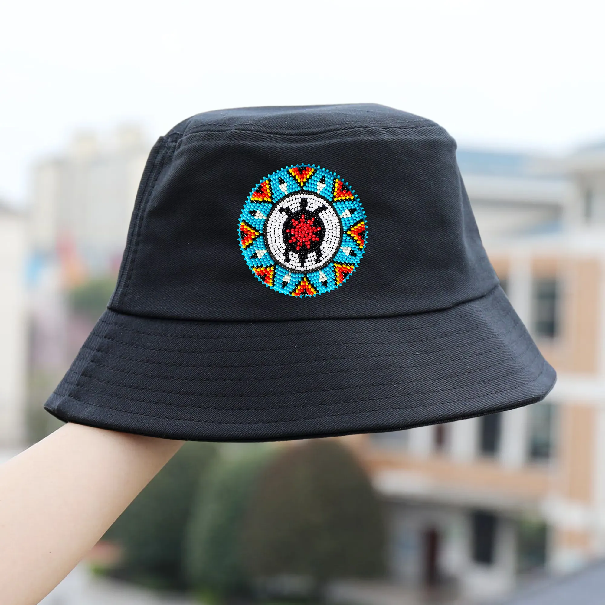 SALE 50% OFF - Blue Turtle Beaded Unisex Cotton Bucket Hat with Native American