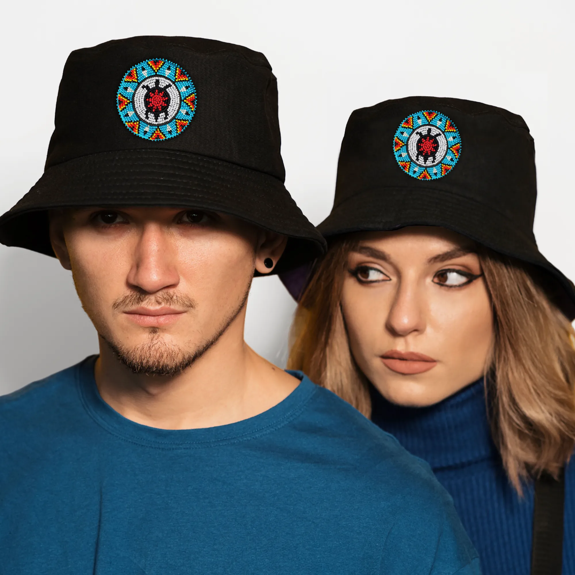 SALE 50% OFF - Blue Turtle Beaded Unisex Cotton Bucket Hat with Native American