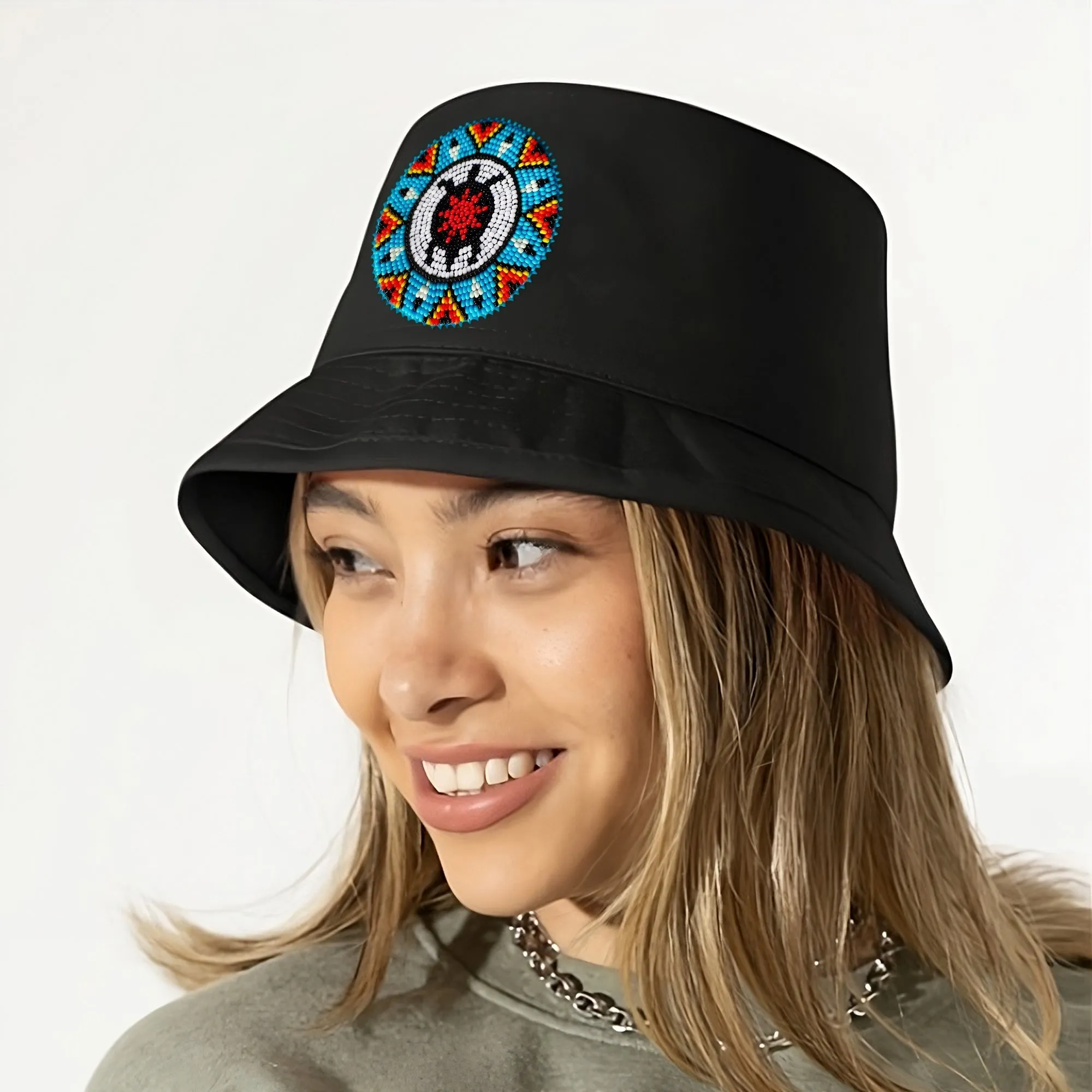 SALE 50% OFF - Blue Turtle Beaded Unisex Cotton Bucket Hat with Native American