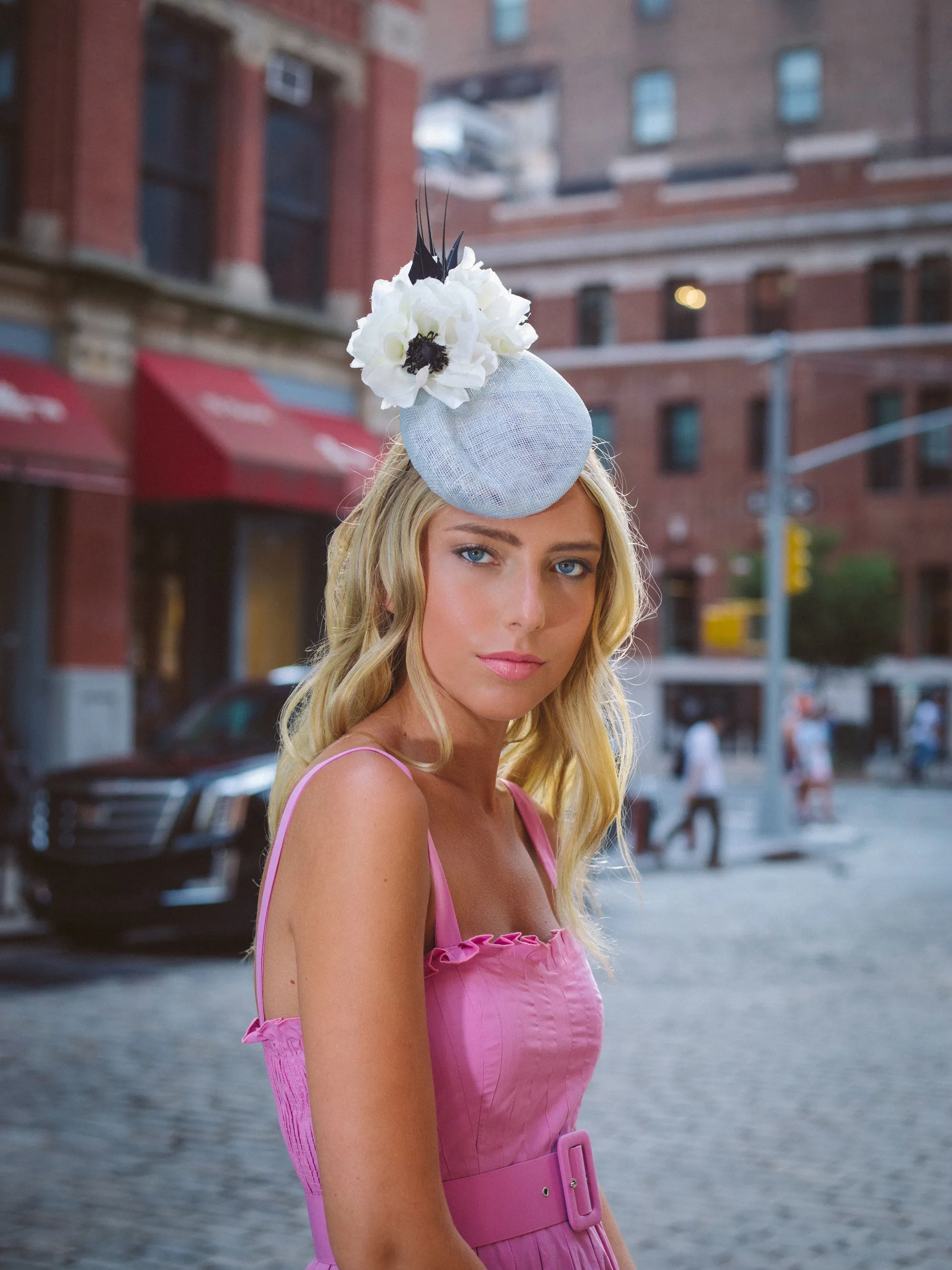 Shergar: Ice Blue Headpiece with Flowers and Black Feathers