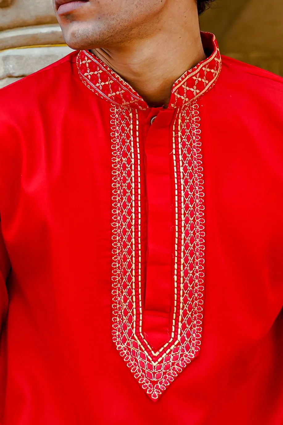 SPACE RED SATIN KURTA SET WITH ZARI EMBROIDERED COLLAR & YOKE PATTI