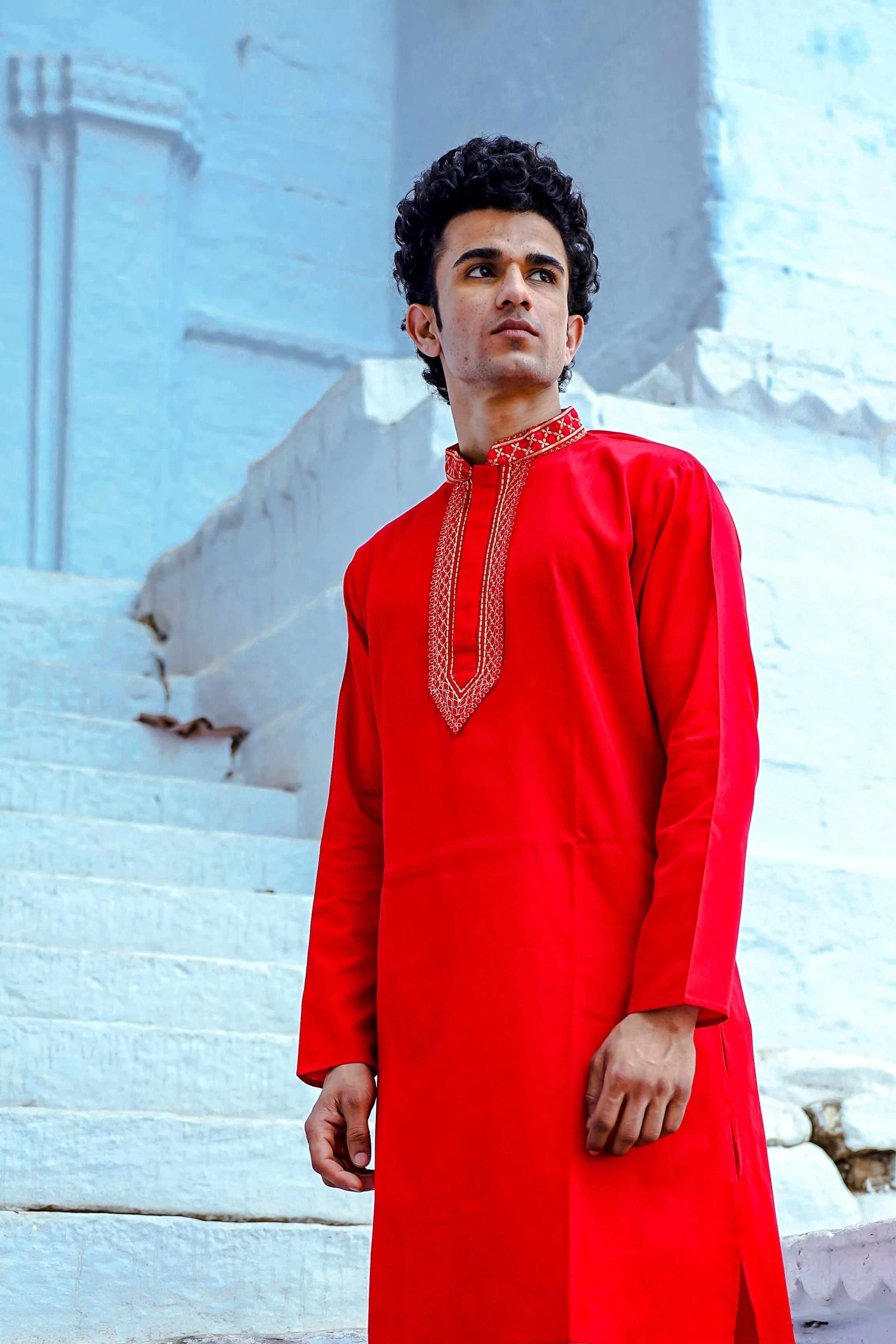 SPACE RED SATIN KURTA SET WITH ZARI EMBROIDERED COLLAR & YOKE PATTI