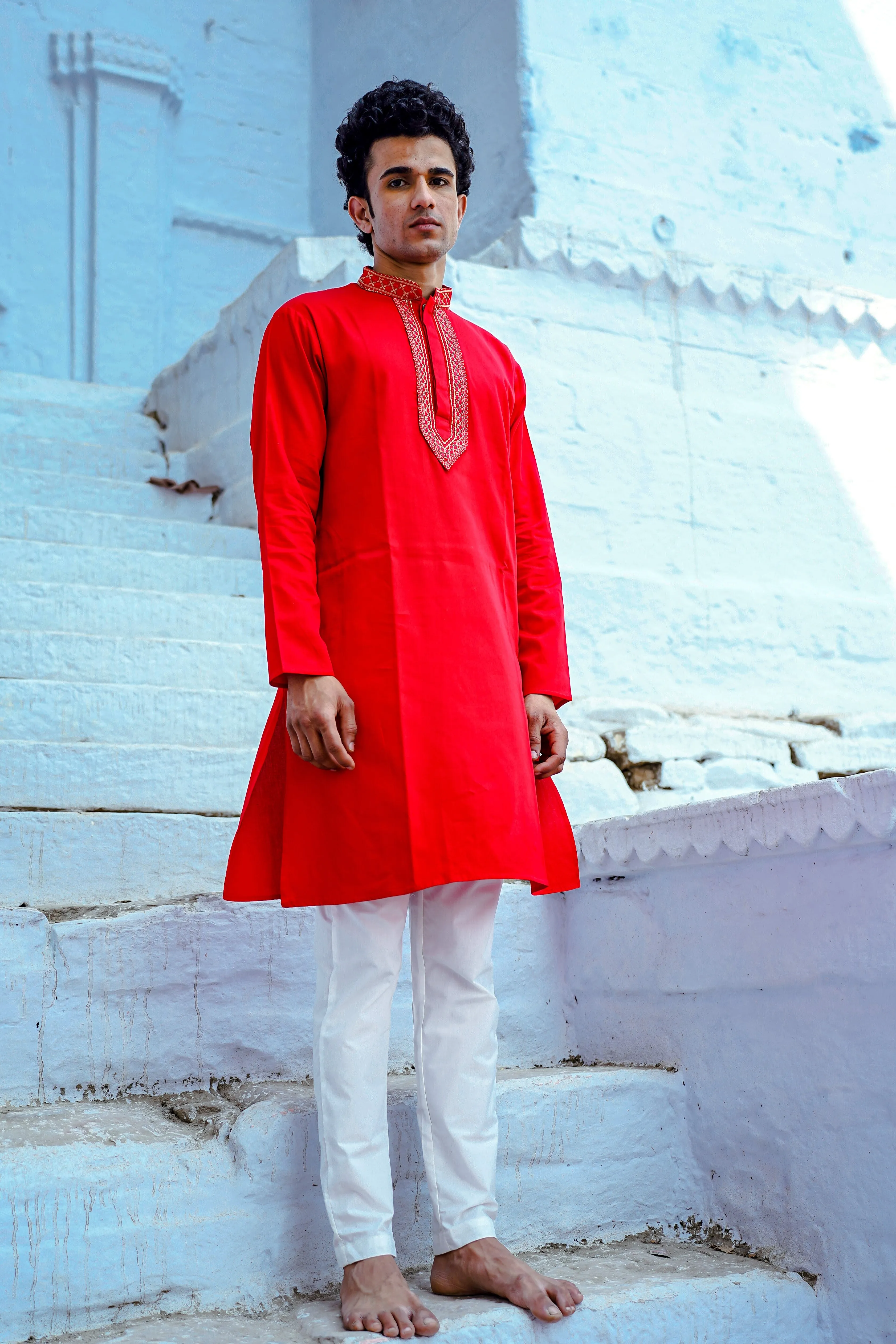 SPACE RED SATIN KURTA SET WITH ZARI EMBROIDERED COLLAR & YOKE PATTI